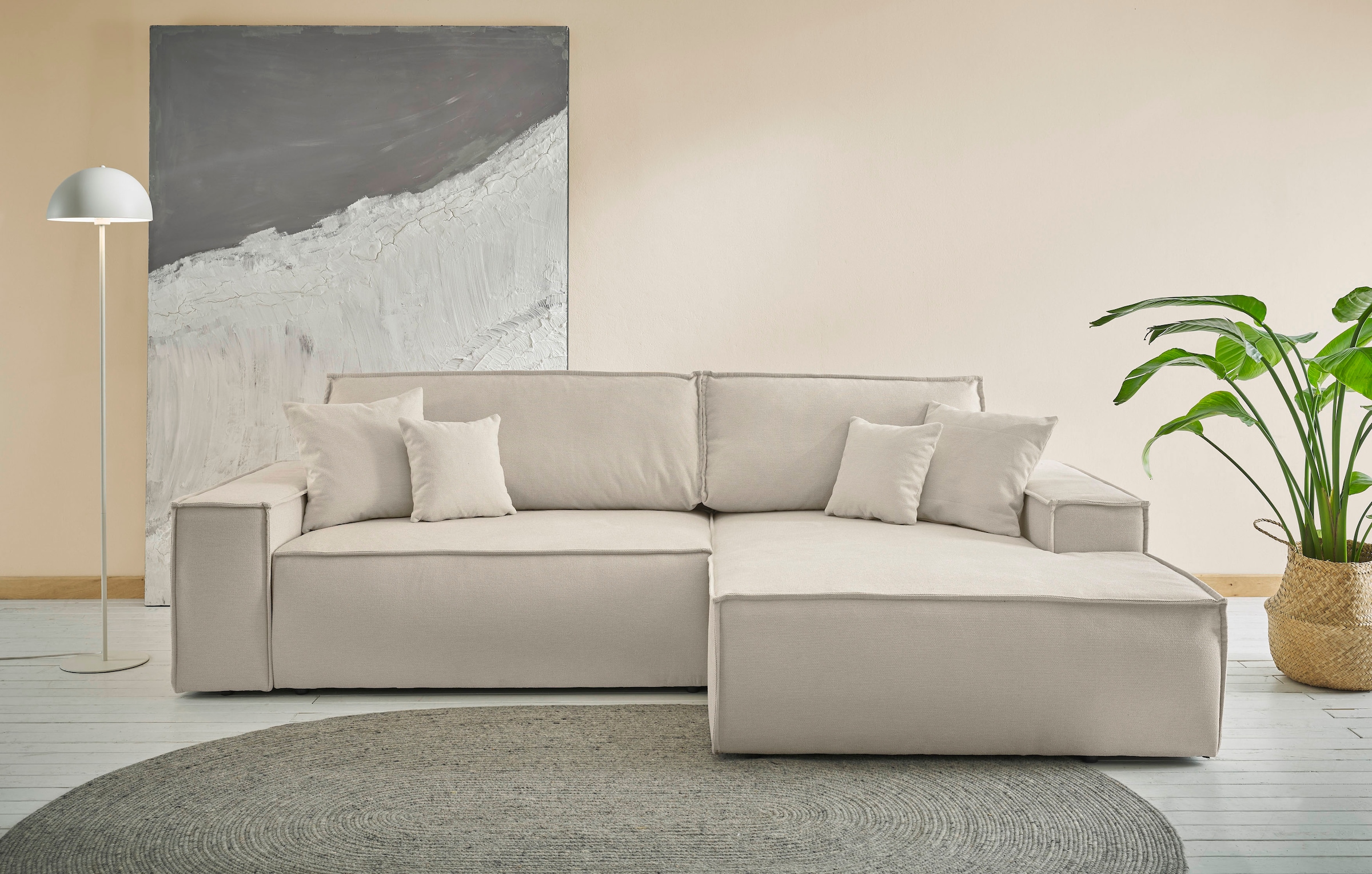 OTTO home Ecksofa "FINNLEY Struktur fein, L-Form 257 cm, Schlafsofa" mit Bettkasten, in Bouclé, Struktur fein und Mega Cord