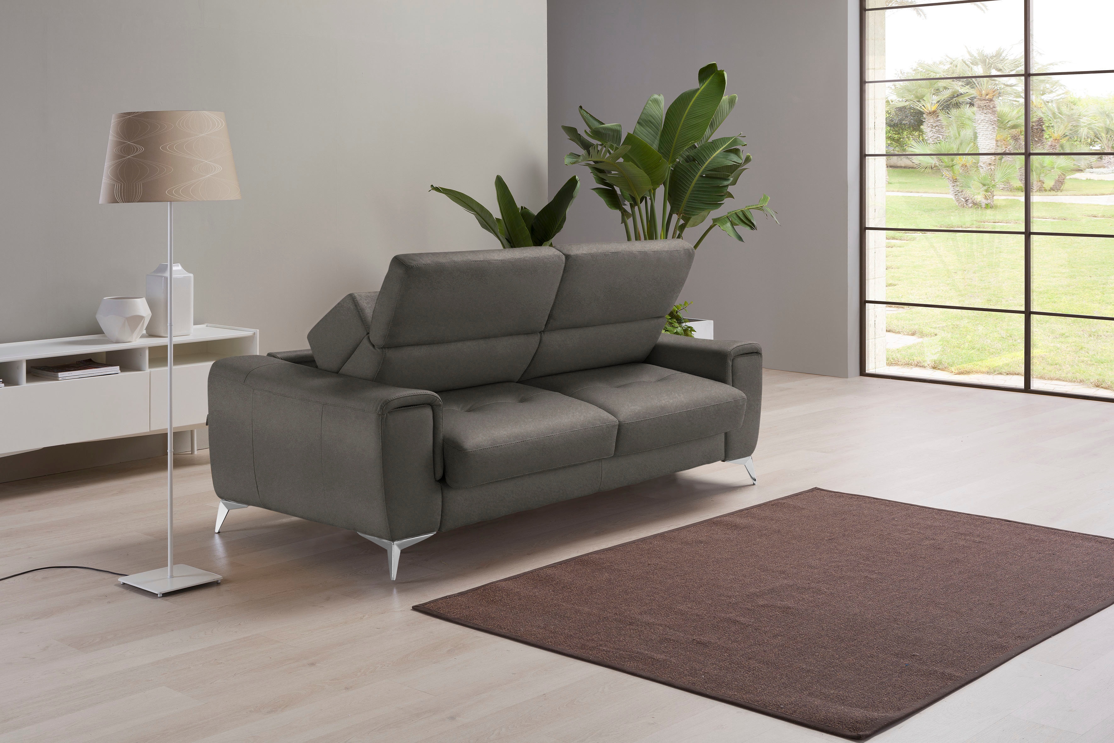 Egoitaliano Schlafsofa "Francine Designsofa, Loungesofa mit Dauerschlaffunktion, Breite 233 cm" mit Bettfunktion, Luxus-Microfaser Lederoptik, smoke, Fußfarbe chrom