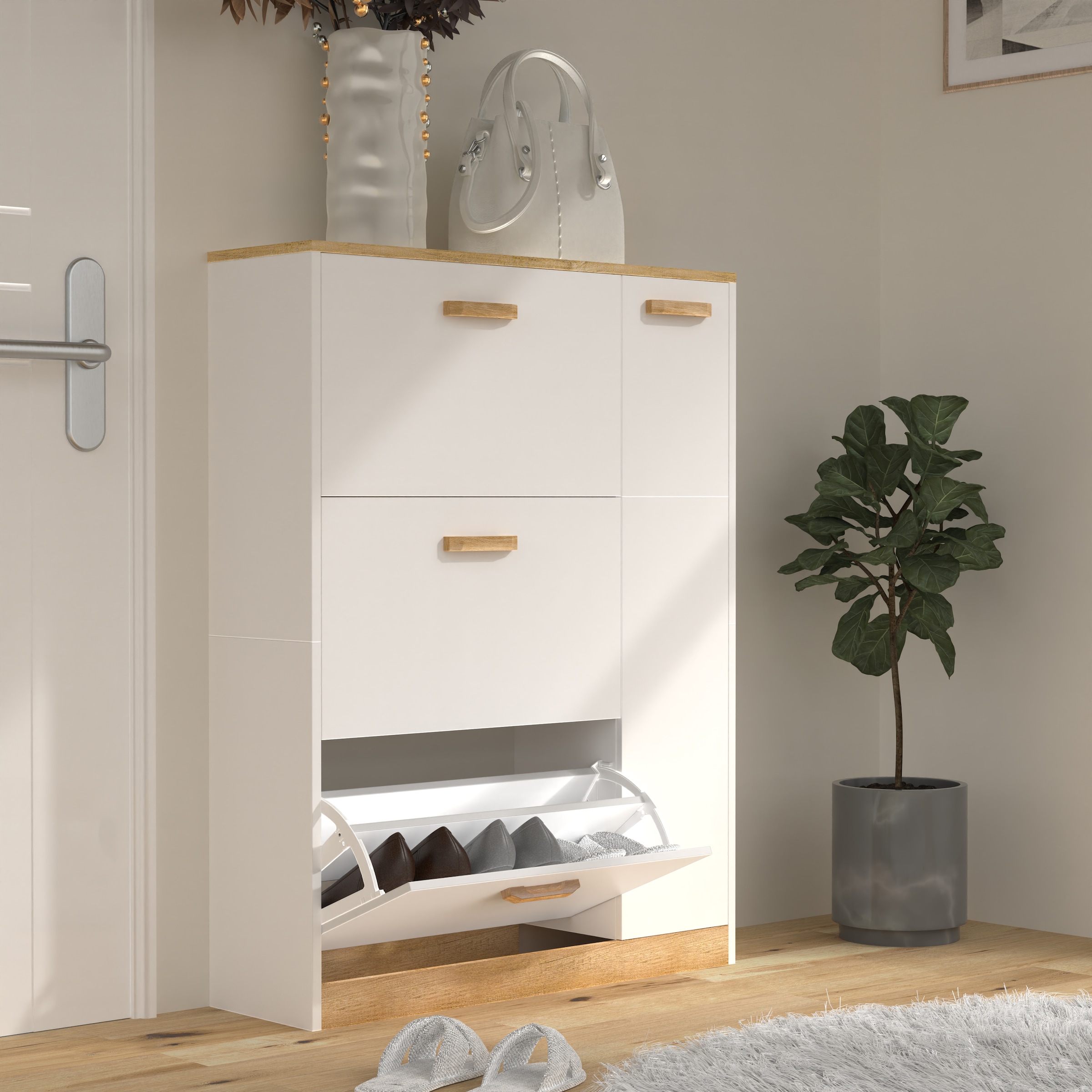 VCM Schuhschrank »VCM Holz Regal Kipper Schuhregal Schuhschrank Schuhkipper 3 Klappen 1 Drehtür Halom L«, (1 St.)