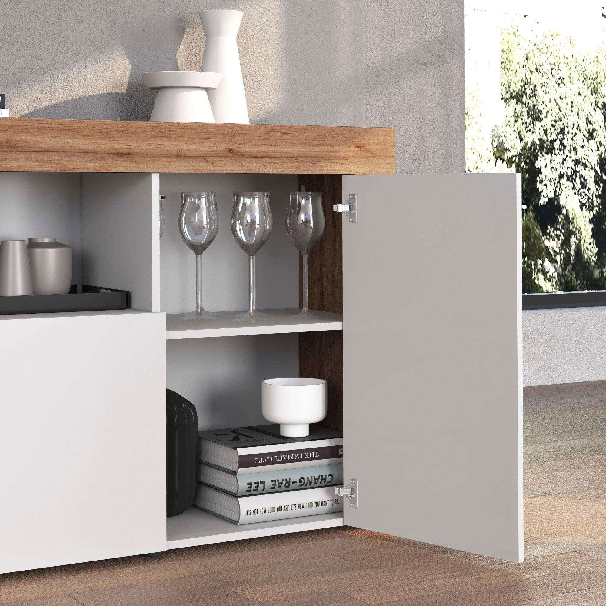 OTTO home Sideboard »CHRONOS Breite 155 cm mit 3 Türen, 1 offenes und 6 geschlossene Fächer« 1 Stk. tlg. Sideboard,Kommode, Schrank, Grifflos mit Push to Open, Made in Italy