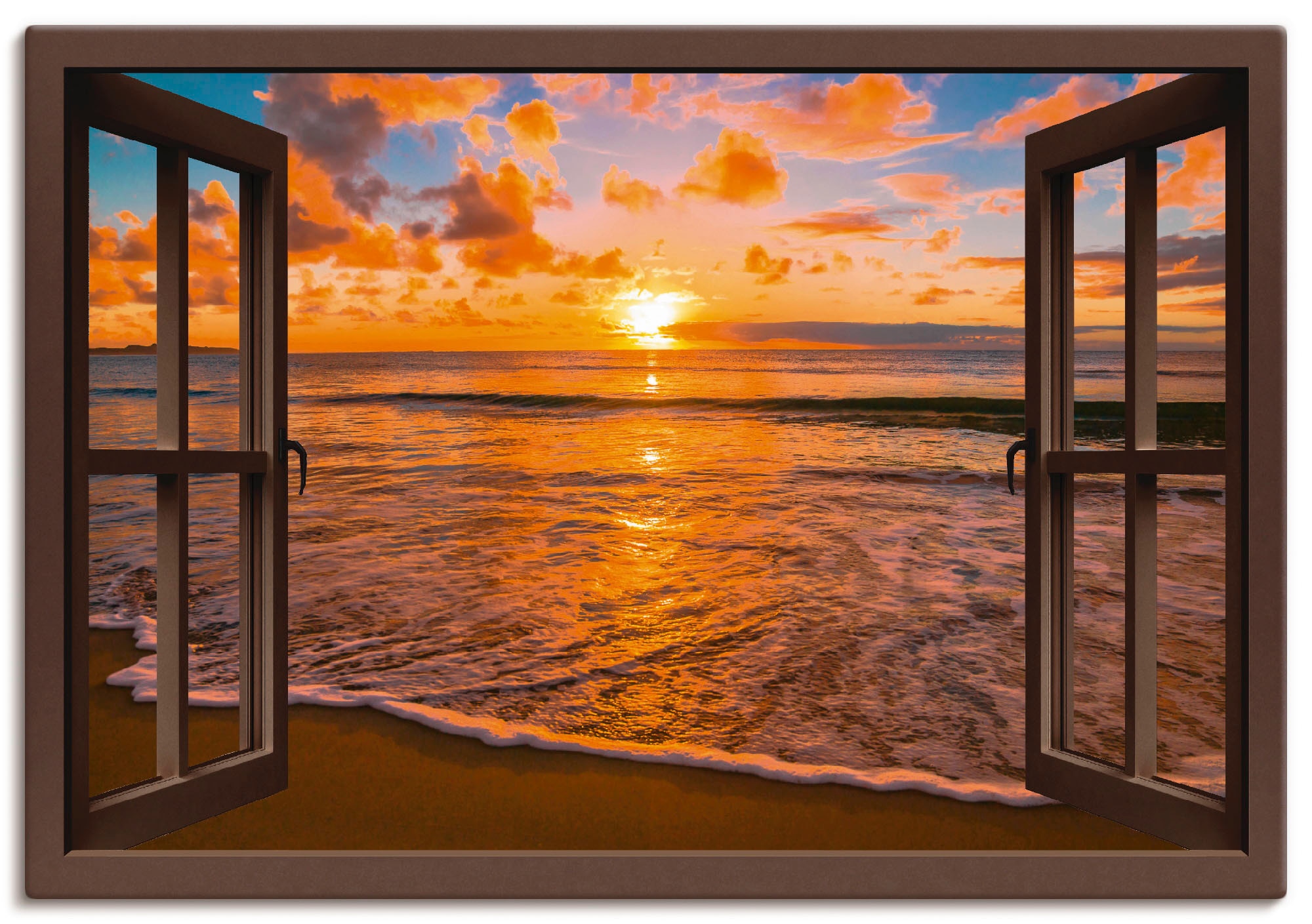 Artland Wandbild »Fensterblick versch. in BAUR Leinwandbild, (1 & kaufen Sonnenuntergang als Sonnenaufgang Größen am Poster Wandaufkleber oder | Strand«, St.), -untergang