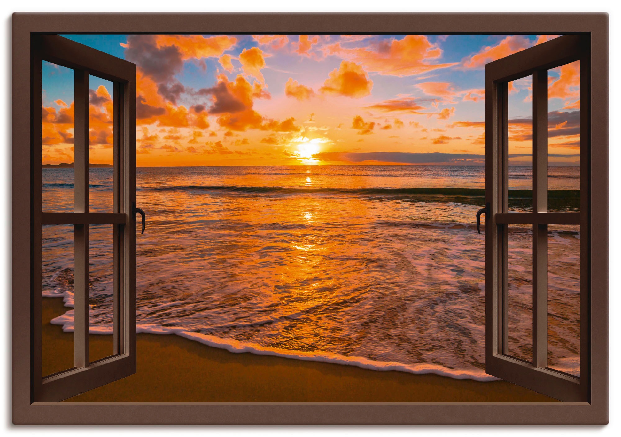 Artland Wandbild »Fensterblick Sonnenuntergang (1 am Strand«, Leinwandbild, BAUR Poster | versch. oder -untergang, St.), kaufen Sonnenaufgang als Größen in & Wandaufkleber