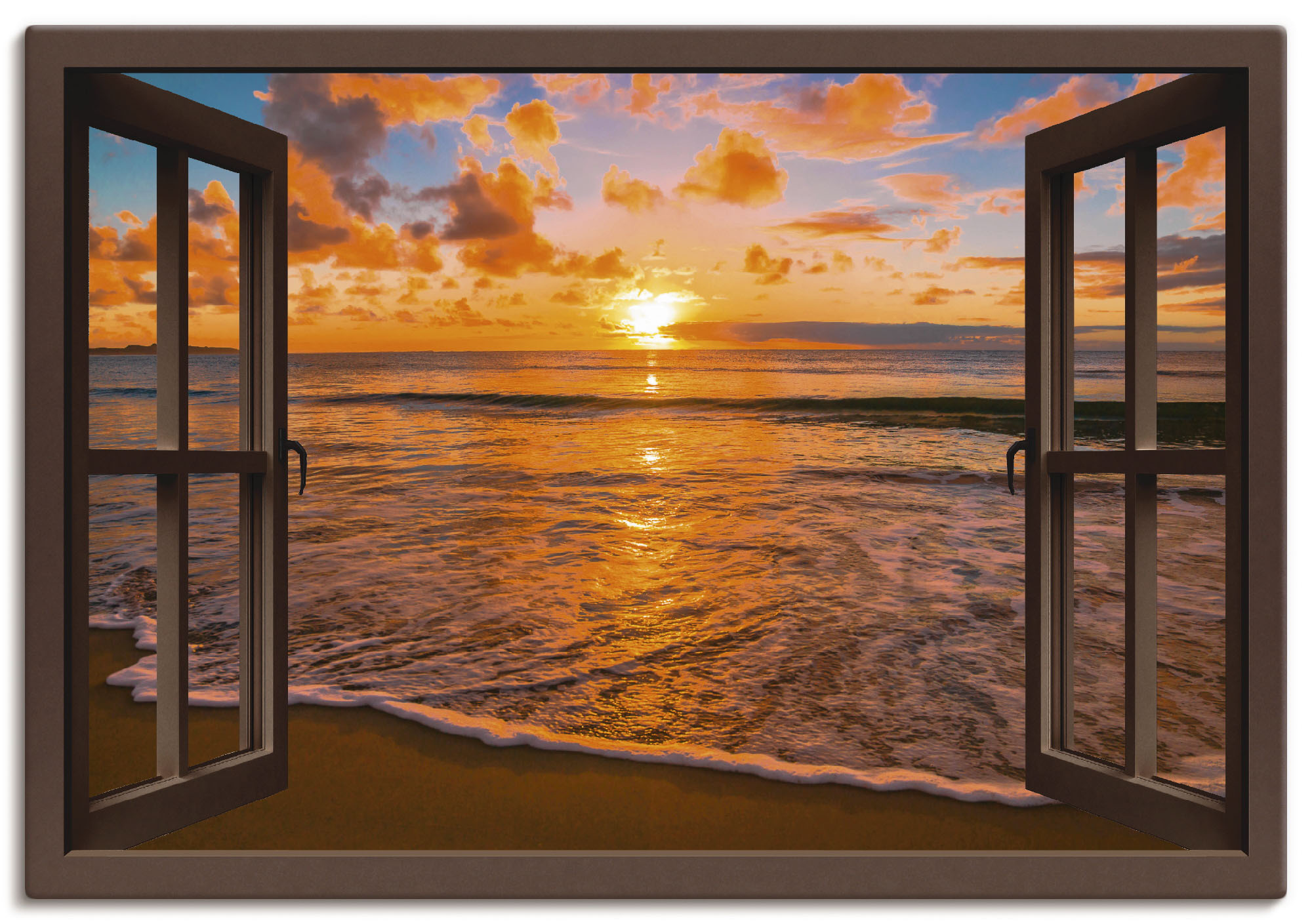 Artland Wandbild "Fensterblick Sonnenuntergang am Strand" Sonnenaufgang & -untergang 1 Stk. tlg. als Leinwandbild, Poster in verschied. Größen
