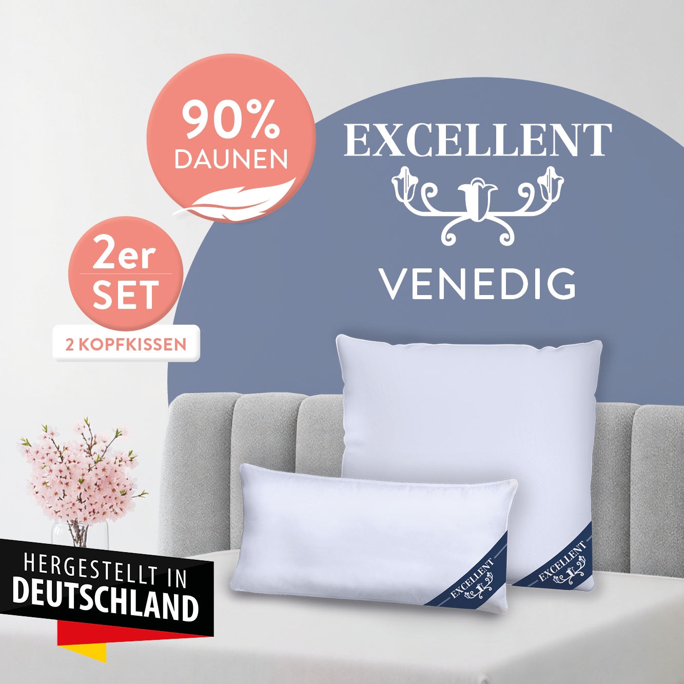 Excellent "Venedig, Kissen 1-tlg. oder 2-tlg. hergestellt in Deutschland" Füllung: 90% Daunen (Außenkammer) 2 Stk. tlg. Kopfkissen in 40x80 und 80x80, Hohenstein Institute ausgezeichnet
