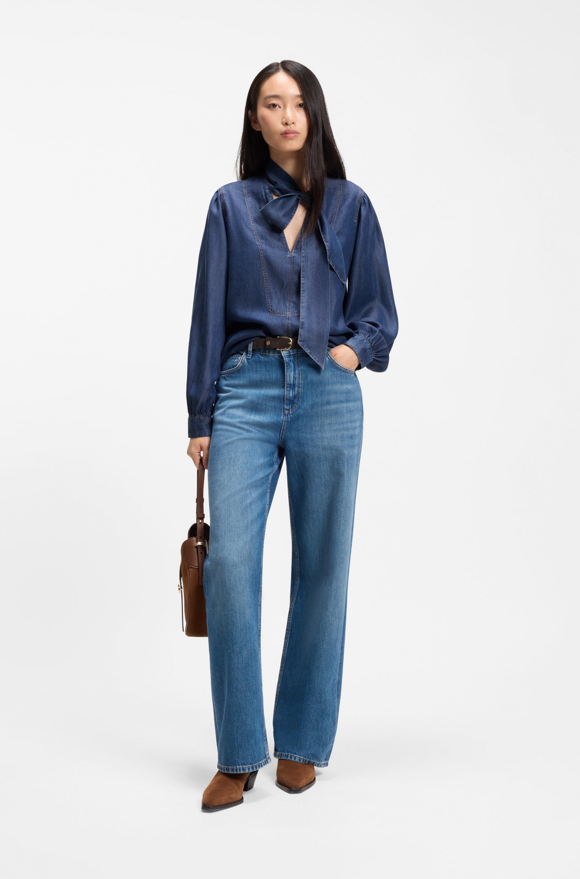 BOSS ORANGE Langarmbluse »Betilla Premium Damenmode« mit Schal-Detail, Denim-Look