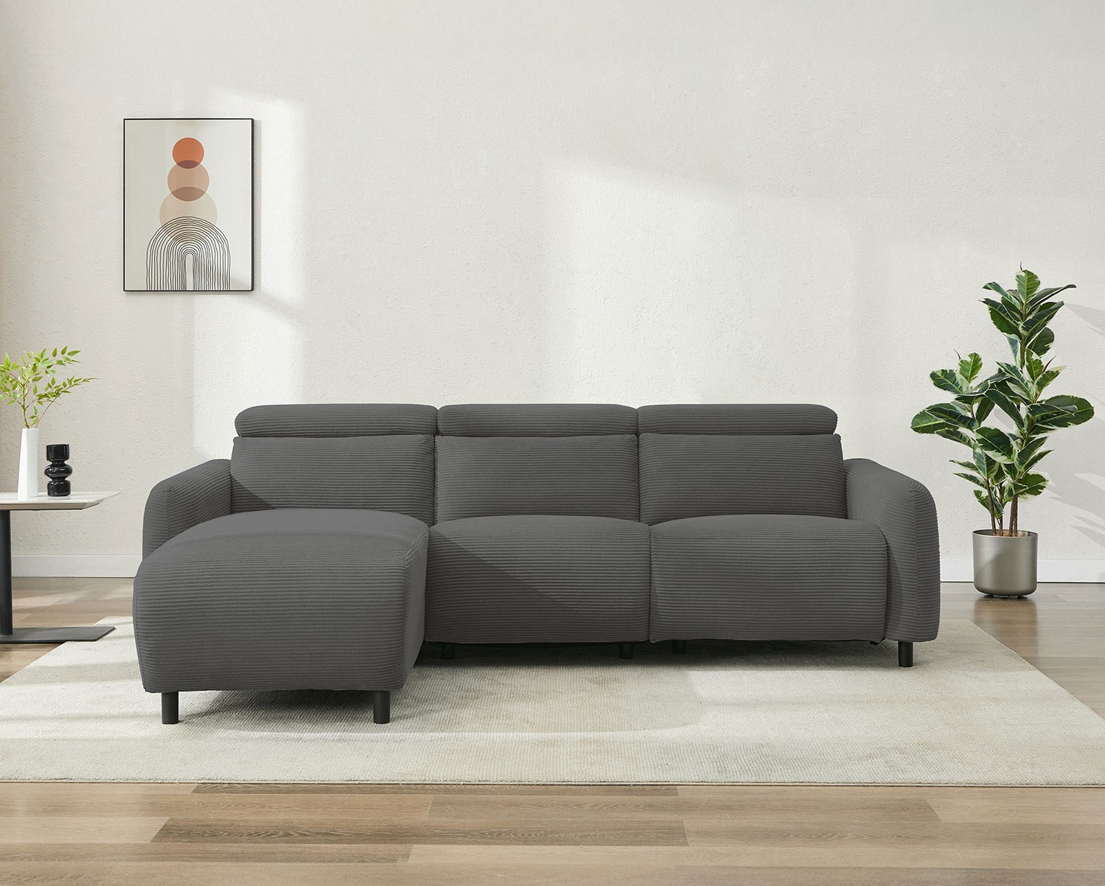 OTTO home Ecksofa »SKAANE in Cord, L-Form, 274 cm, manuelle u. elektrische Relaxfunktion,« rundes Design, Kopfteilverstellung, Federkernpolsterung