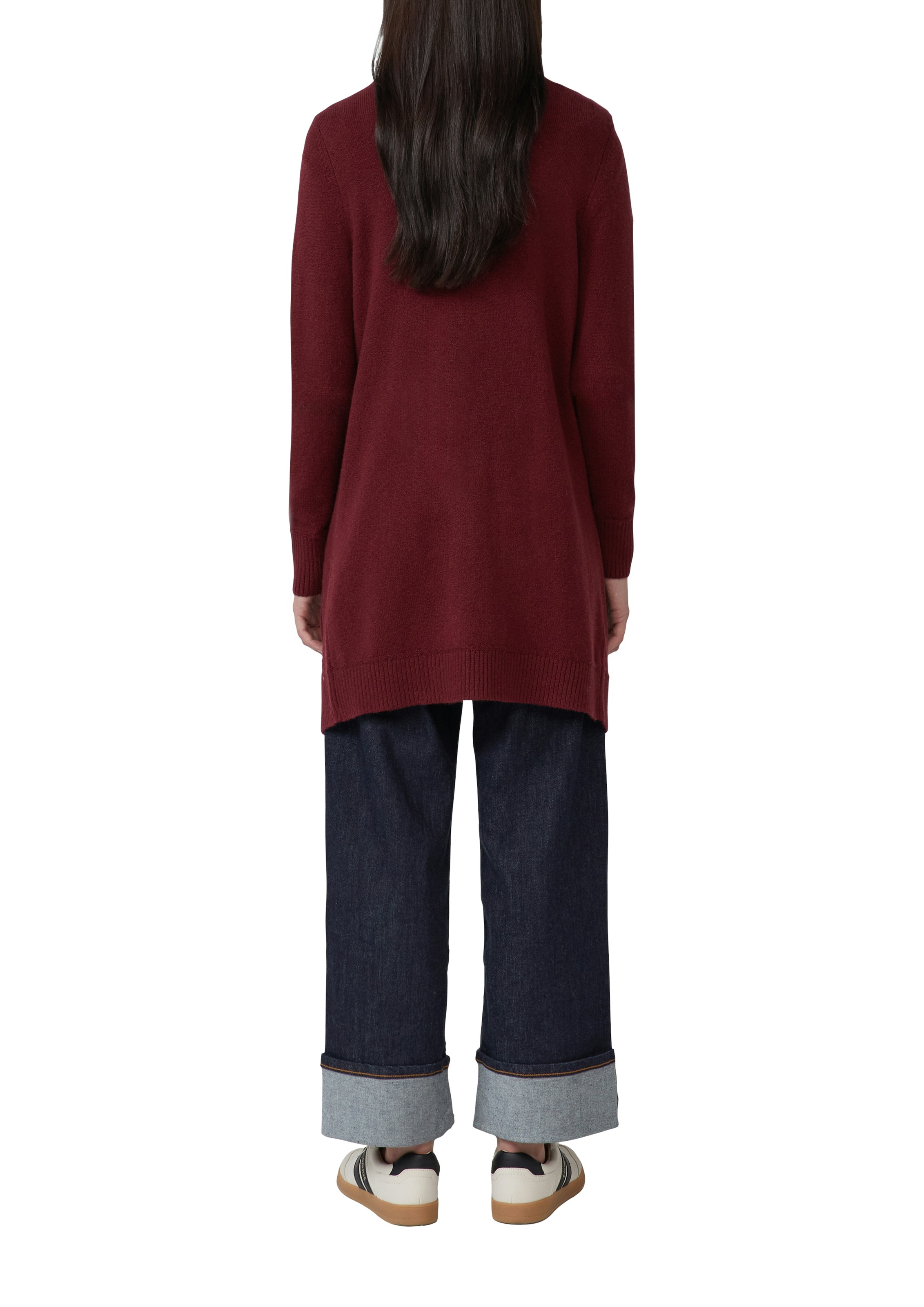 Strickjacke S.OLIVER, Damen, Gr. 46, rot (dunkelrot), Strick, Obermaterial: 50% Baumwolle, 25% Polyamid, 14% Polyacryl, 8% Wolle, 3% Elasthan, unifarben, regular fit ca. Mitte Oberschenkel, Rundhals, Rippbündchen, Strickjacken Strickjacke, mit aufgesetzte 3