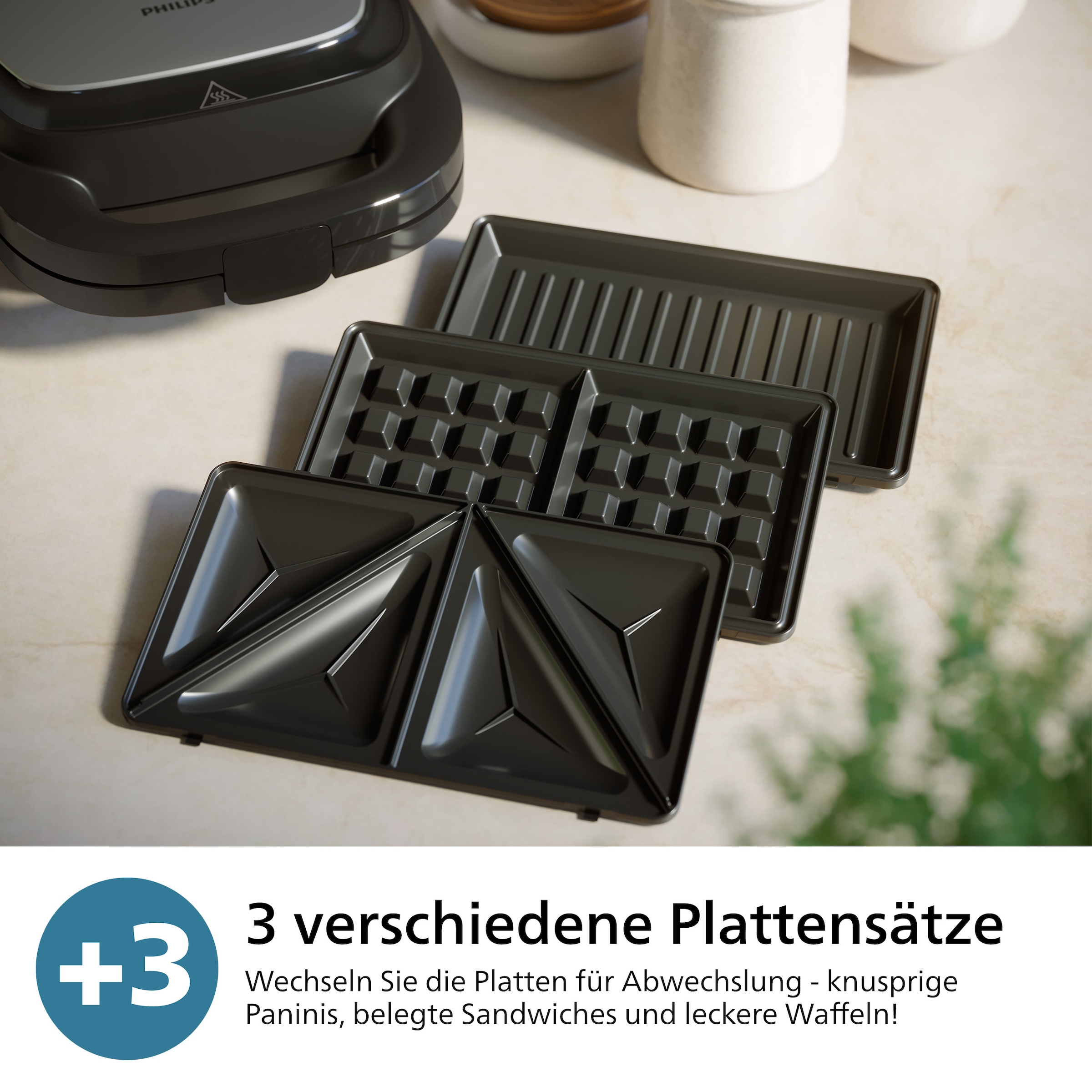 Philips Sandwichmaker »5000 Series HD2350/80, mit 3 austauschbaren Plattensätzen«, 750 W, gleichmäßiges Aufheizen, kompakte Aufbewahrung; Schwarz / Silber