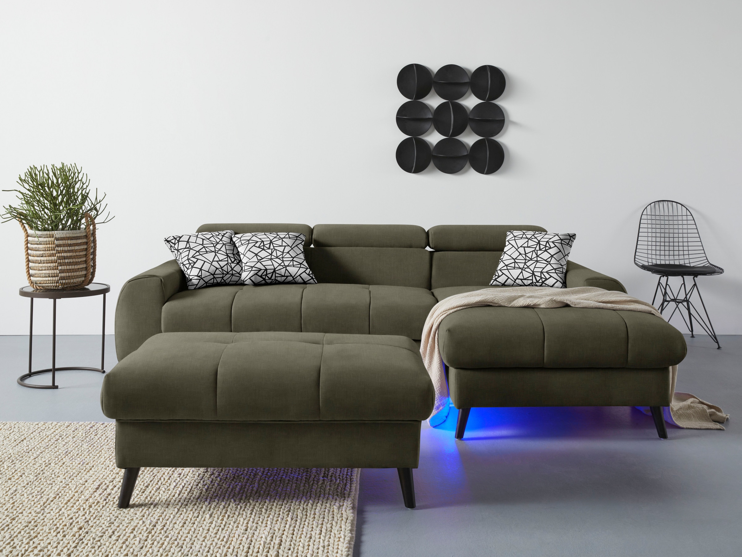 COTTA Ecksofa »Mia L-Form mit 3 Zierkissen«, wahlweise mit Bettfunktion, Bettkasten, Beleuchtung & Wireless-Charger
