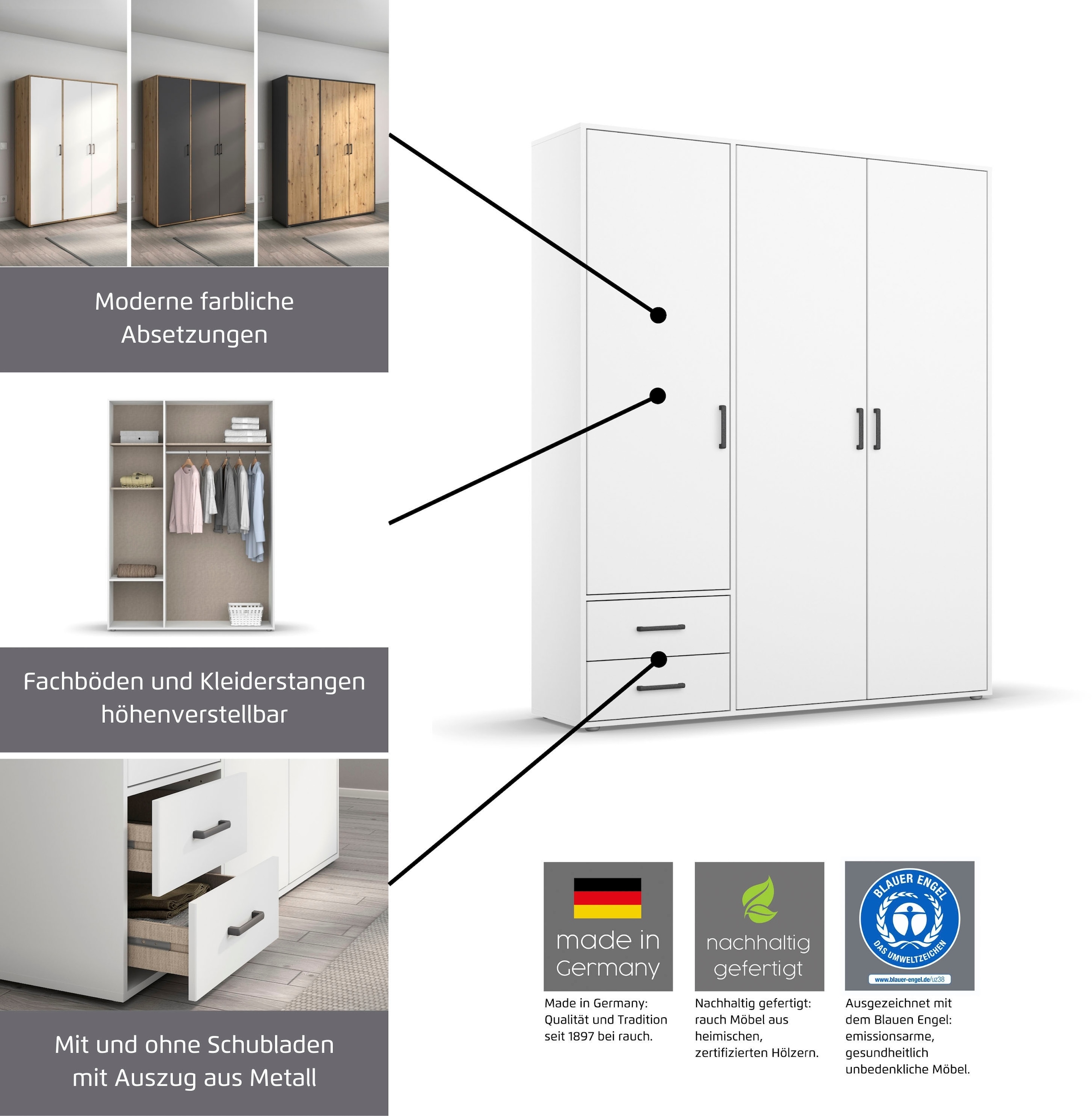 rauch Drehtürenschrank »Kleiderschrank Schrank Garderobe Wäscheschrank VOYAGER«, (in 3 verschiedenen Ausstattungen BASIC/CLASSIC/PREMIUM), mit modernen Griffen in Graumetallic und Spiegel