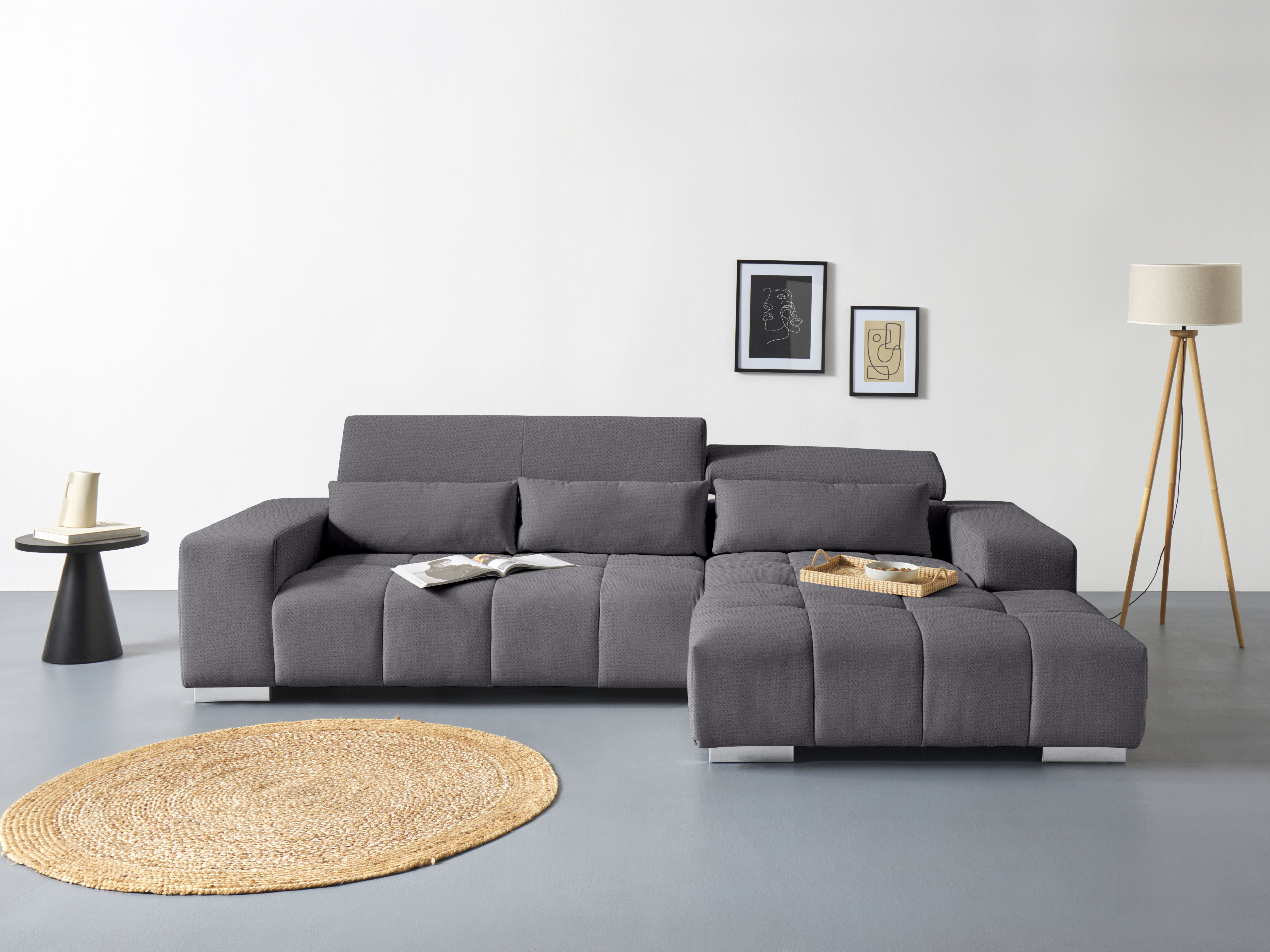 COTTA Ecksofa "Orion L-Form, B: 307 cm, moderne Steppung, bequeme Wellenunterfederung" 2x Kopfteilverstellung & 3 Nierenkissen