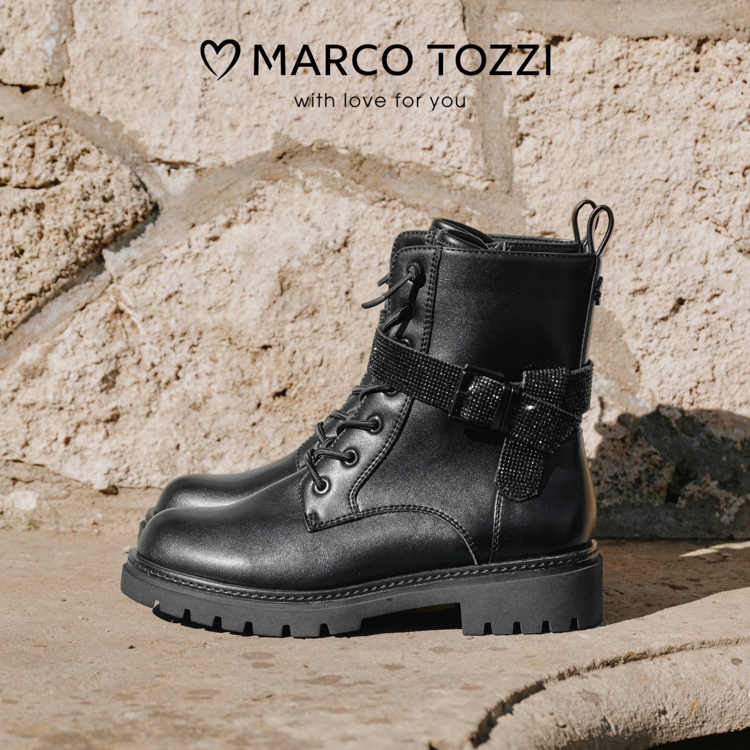 MARCO TOZZI by GMK Schnürstiefelette  , Blockabsatz, Schnürboots, Zierriemen mit Strasssteinen besetzt