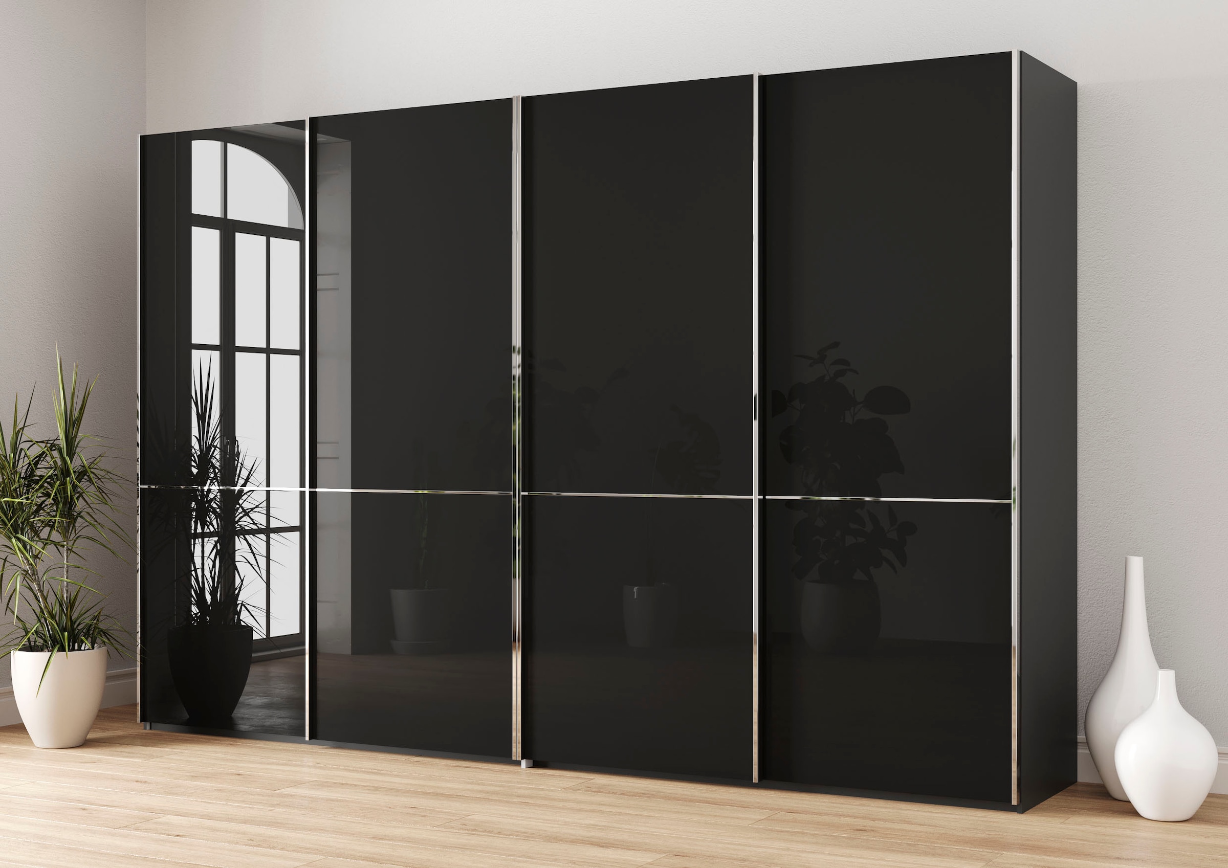 Musterring Schwebetürenschrank "Imola W" inkl. Einlegeböden und Kleiderstangen, mit Glastüren und Aufleistungen