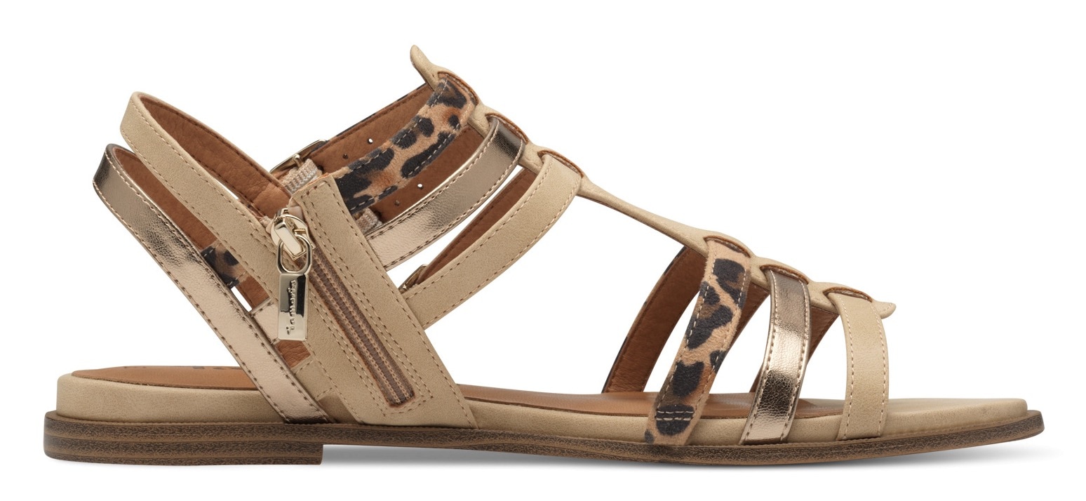 Tamaris Riemchensandale, Sandalette, Sommerschuh mit Besatz in Leo- und Metallicoptik