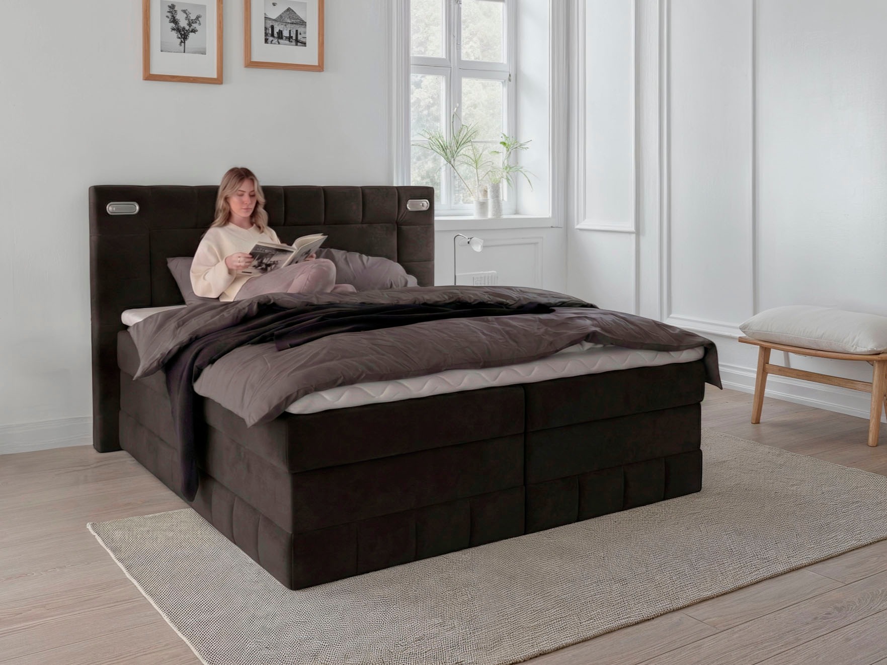 OTTO home Boxbett "PHILIPPA, Polsterbett mit Bettkasten, mit Taschenfederkernmatratze H3" mit Kaltschaum-Topper, Microfaser-Bezug, wahlweise mit LED-Beleuchtung