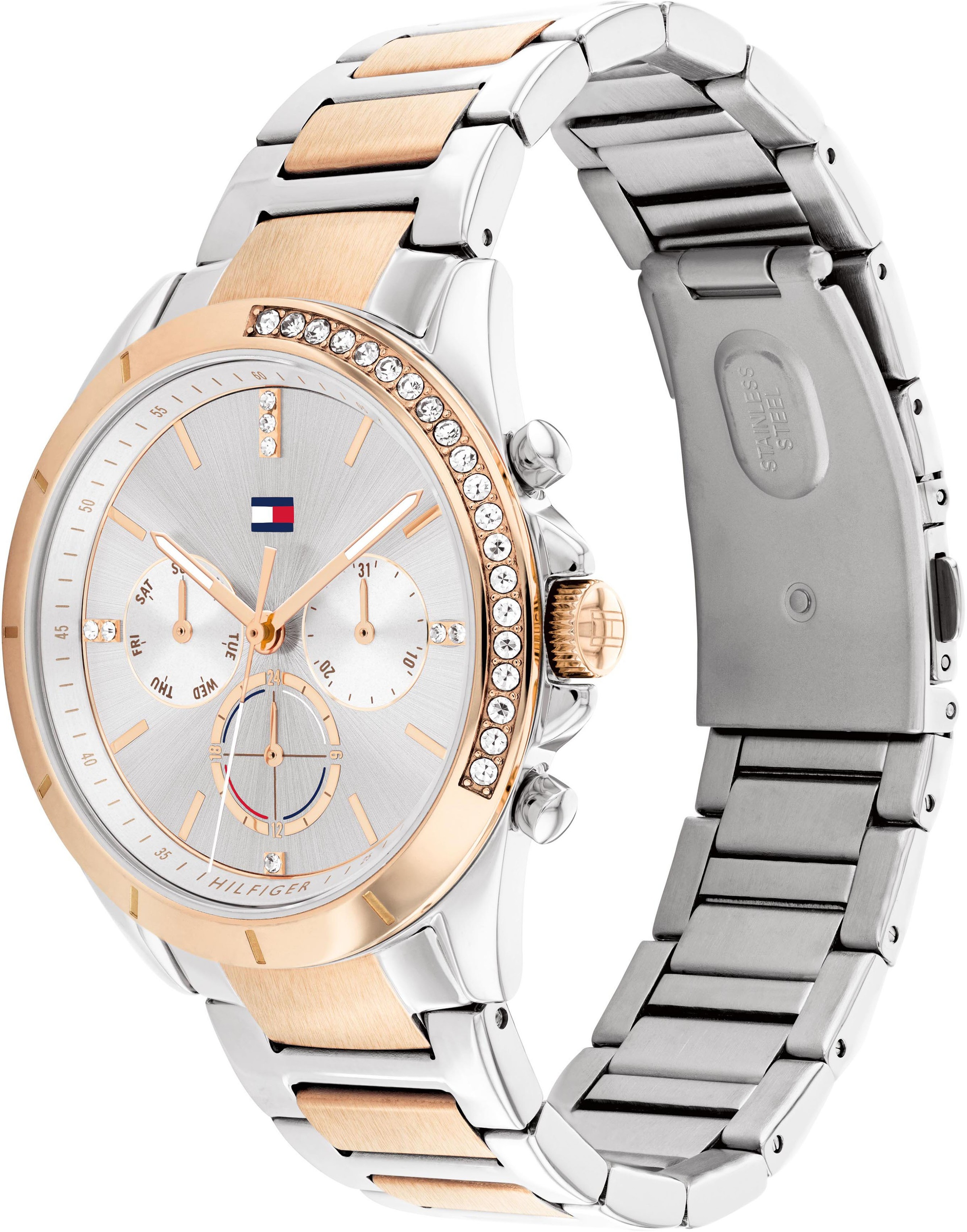 Tommy Hilfiger Multifunktionsuhr »KENNEDY«, Quarzuhr, Armbanduhr, Damen, Datum, Glaskristalle, Edelstahlarmband