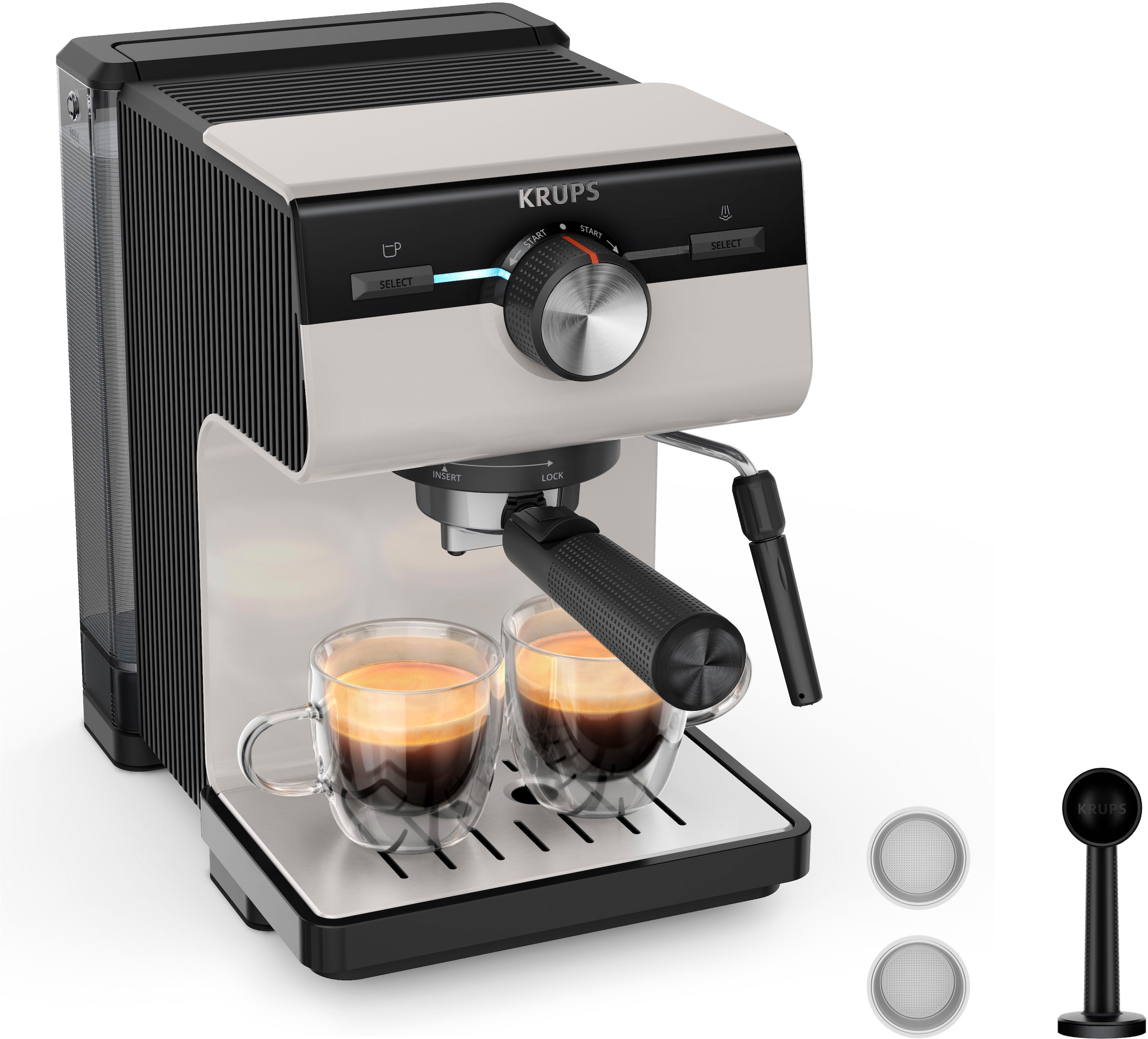 Krups Espressomaschine "XP381B Authentic, Siebträger" intuitives Bedienfeld, Milch-Aufschäumdüse, 2 Siebeinsätze