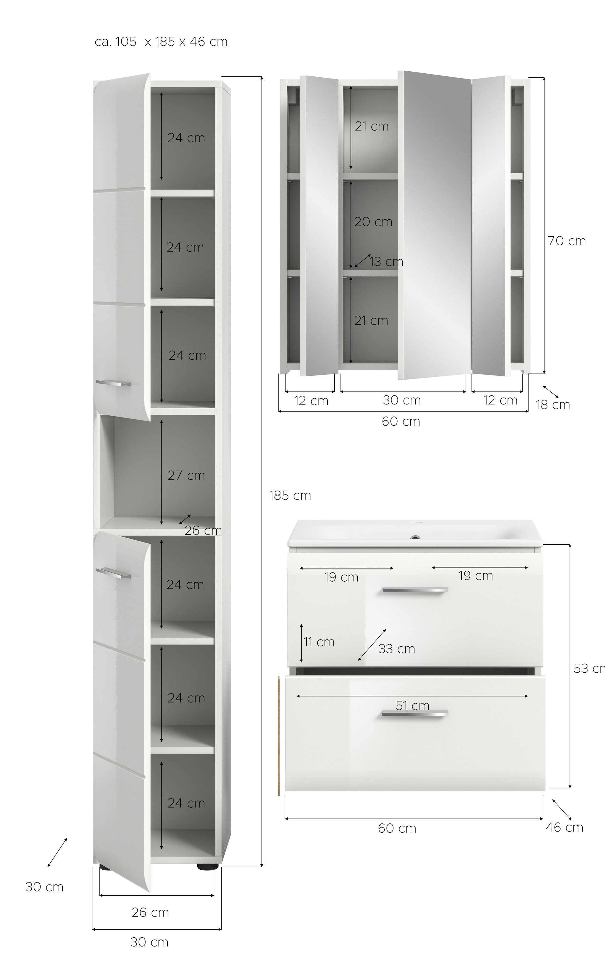 INOSIGN Badezimmer-Set, (Set, 4 St.), Florenz, Badkombination 4-tlg., Weiß hochglanz, inkl. Waschbecken