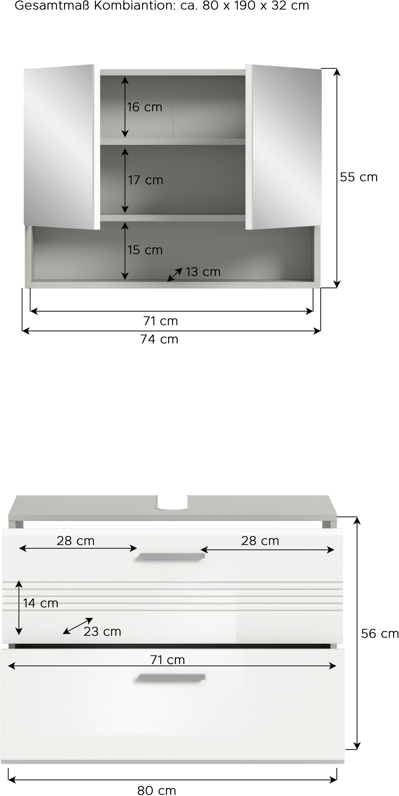 welltime Badmöbel-Set »Calicio, bestehend aus: Waschbeckenunterschrank, Spiegelschrank«, (2 St.), hochwertige MDF Front mit Rillenfräsung
