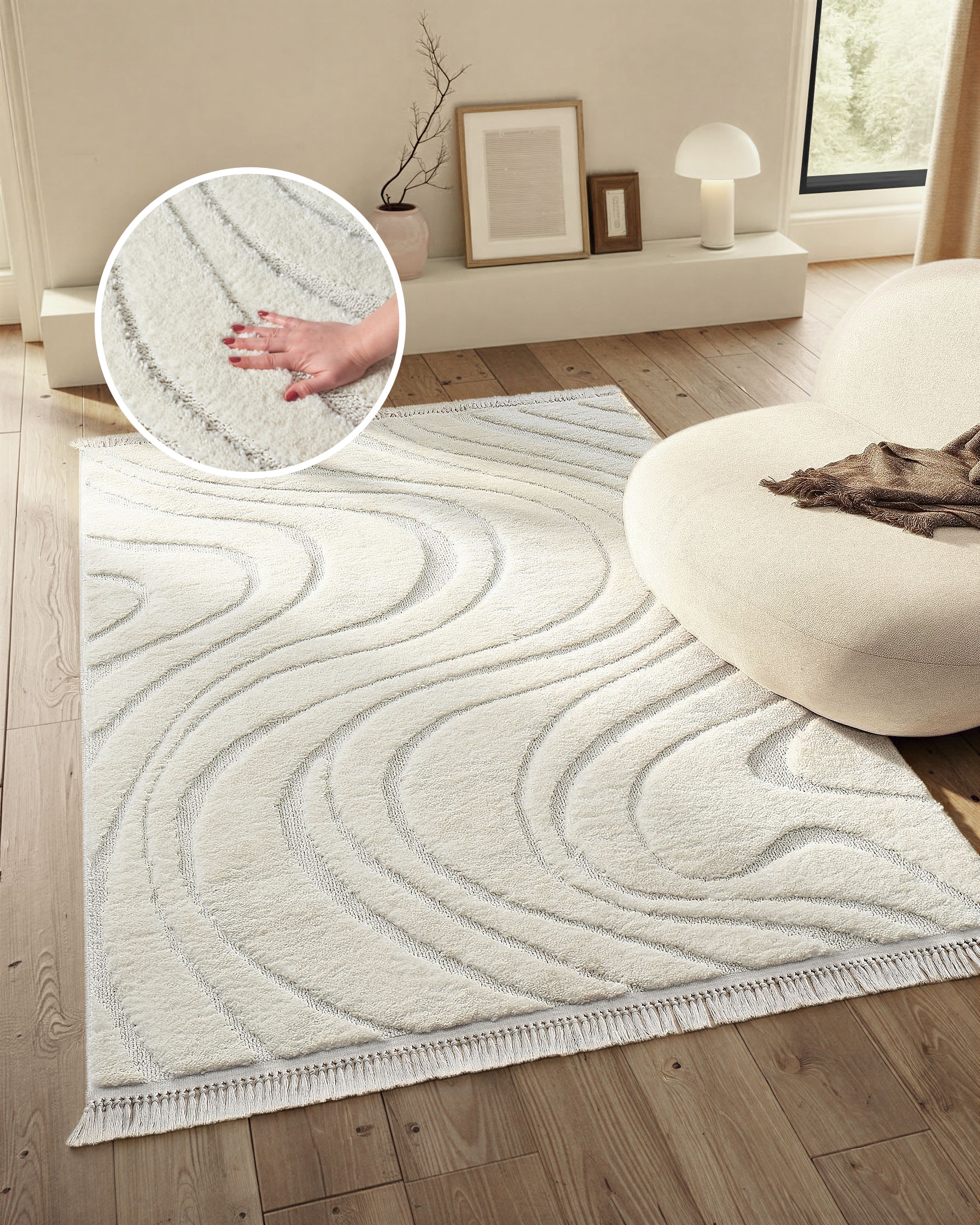 homsy by Ana Johnson "Waavy mit Fransen, Wellen Design" rechteckig 20 mm Höhe Boho, 3D Optik, Scandi, Hoch-Tief, Wohnzimmer, Schlafzimmer