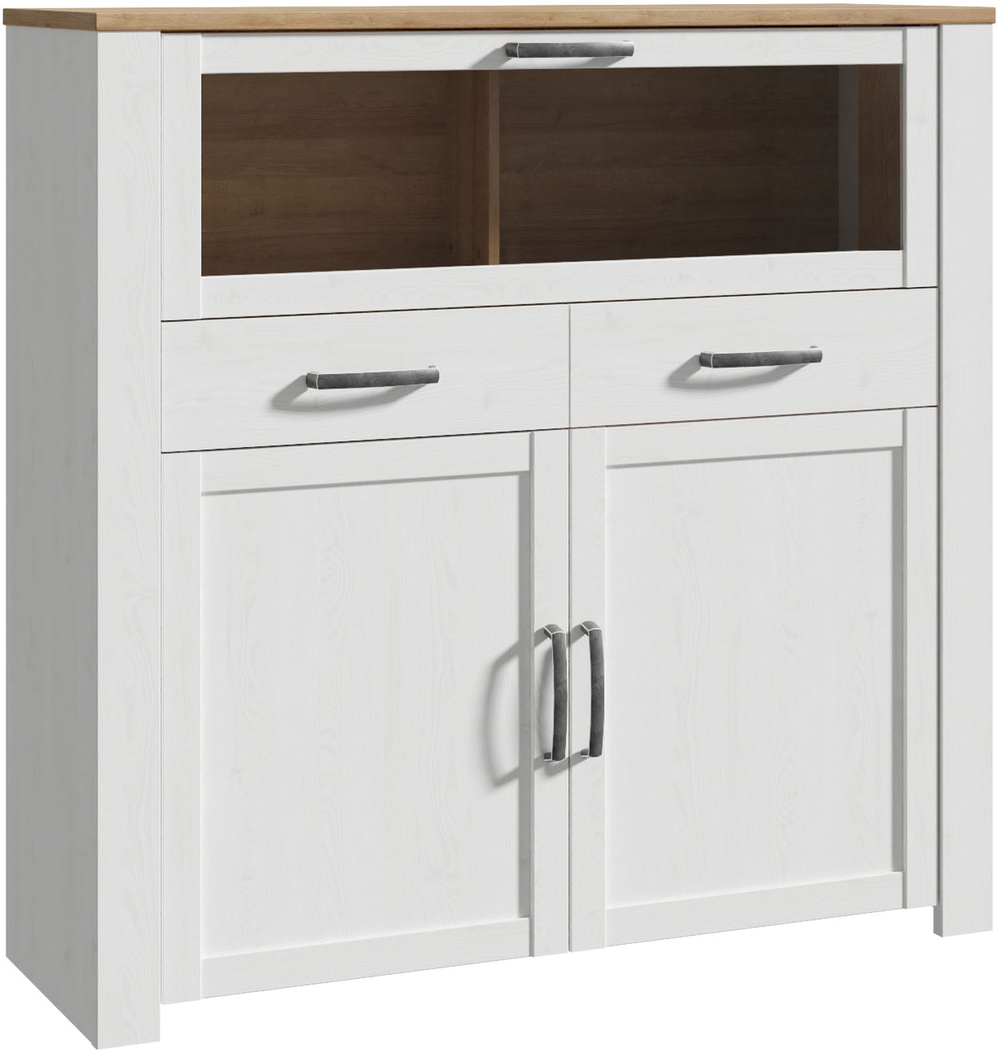 FORTE Highboard "Bohol, kleines Highboard, Klappe mit Glas, 2SK, 2Türen" B/H/T 126,4/125,4/42 cm Beleuchtung optional bestellbar