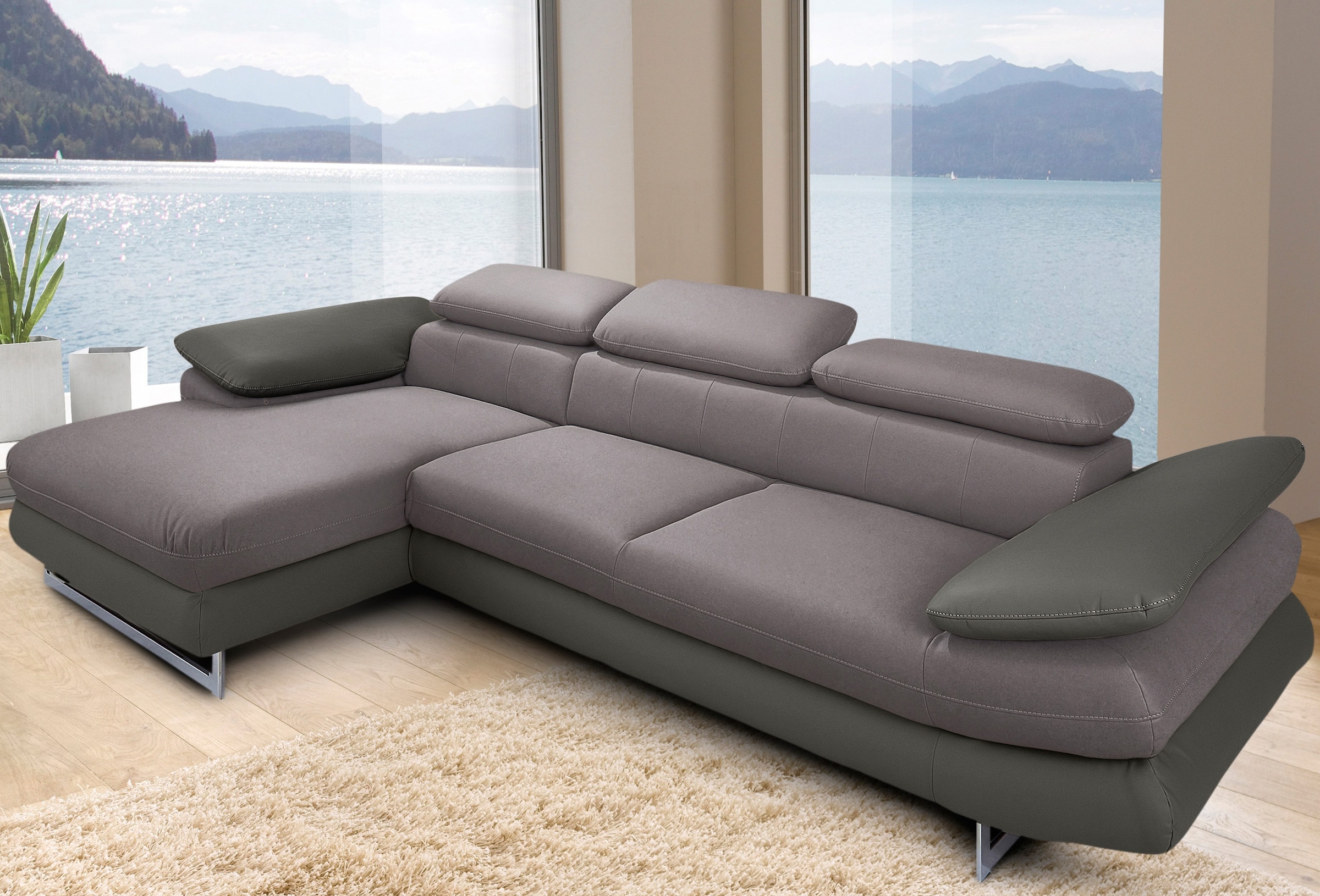 COTTA Ecksofa "Solution L-Form, B:286cm,modern mit Relaxarmlehne, Wellenunterfederung" mit Arm- & Kopfteilverstellung, wahlweise mit Schlaffunktion