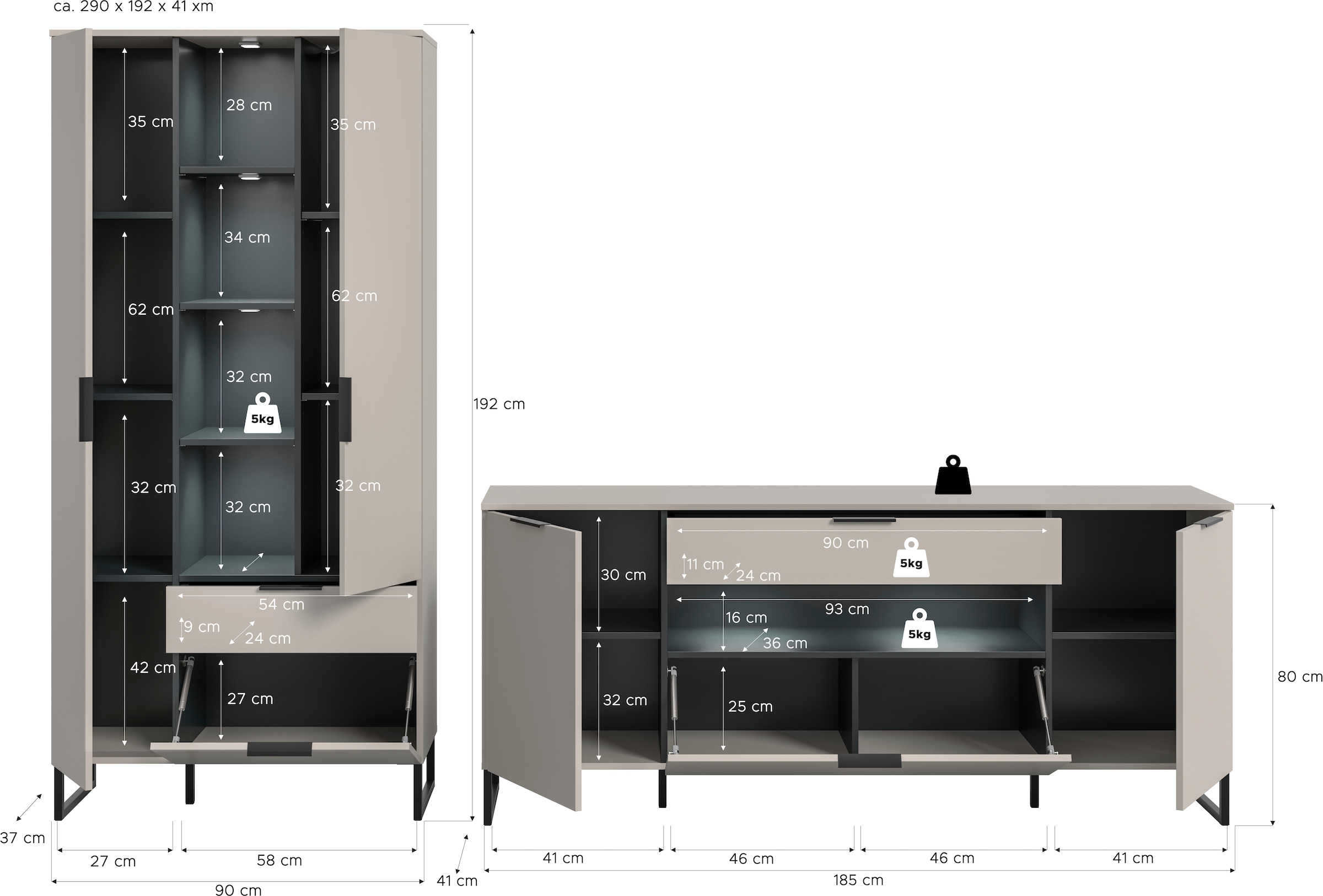 INOSIGN Wohnwand »Adio, Wohnkombination 290 cm Breit«, (Set, 4 St.), Adio, Wohnkombination 2tlg. Inkl.Beleuchtug, Kashmir NB