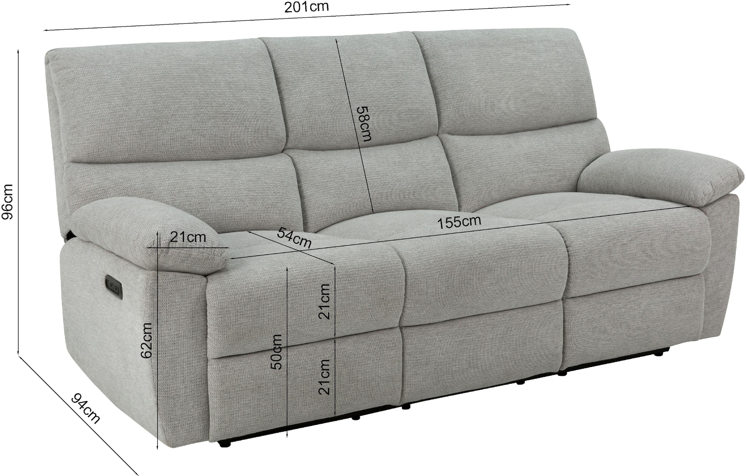 Home affaire 3-Sitzer »LANNOY, manuelle o. elelektrische Relaxfunktion in 2 Sitzen, USB A/C«, Liegefunktion (105°-150°), Reclinersofa, Webstoff, Federkern