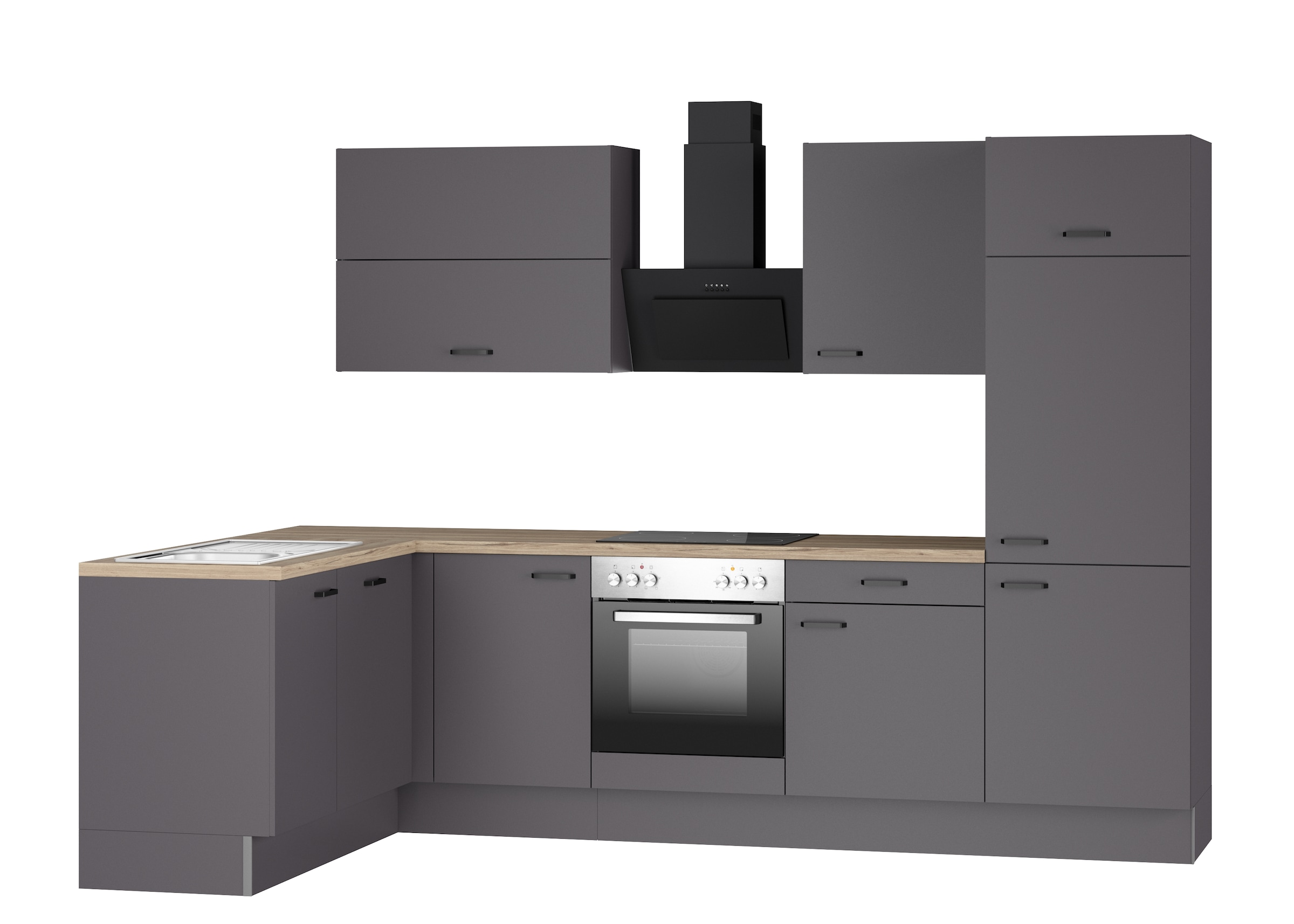 Winkelküche KOCHSTATION, H:211,8cm T:60cmküche: grau, korpus: anthrazit, arbeitsplatte: wildeichefarben struktur, Komplettküchen-Sets, "KS-Paula,