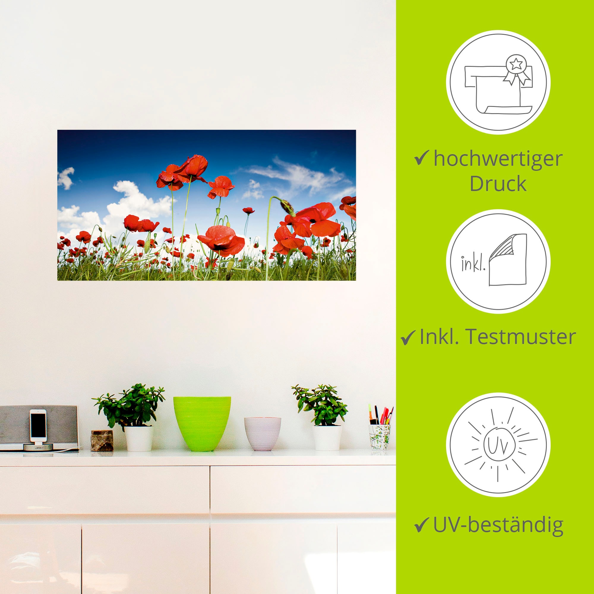 Artland Wandbild »Feld mit Mohnblumen unter Himmel«, Blumenwiese, (1 St.), als Leinwandbild, Wandaufkleber in verschied. Größen