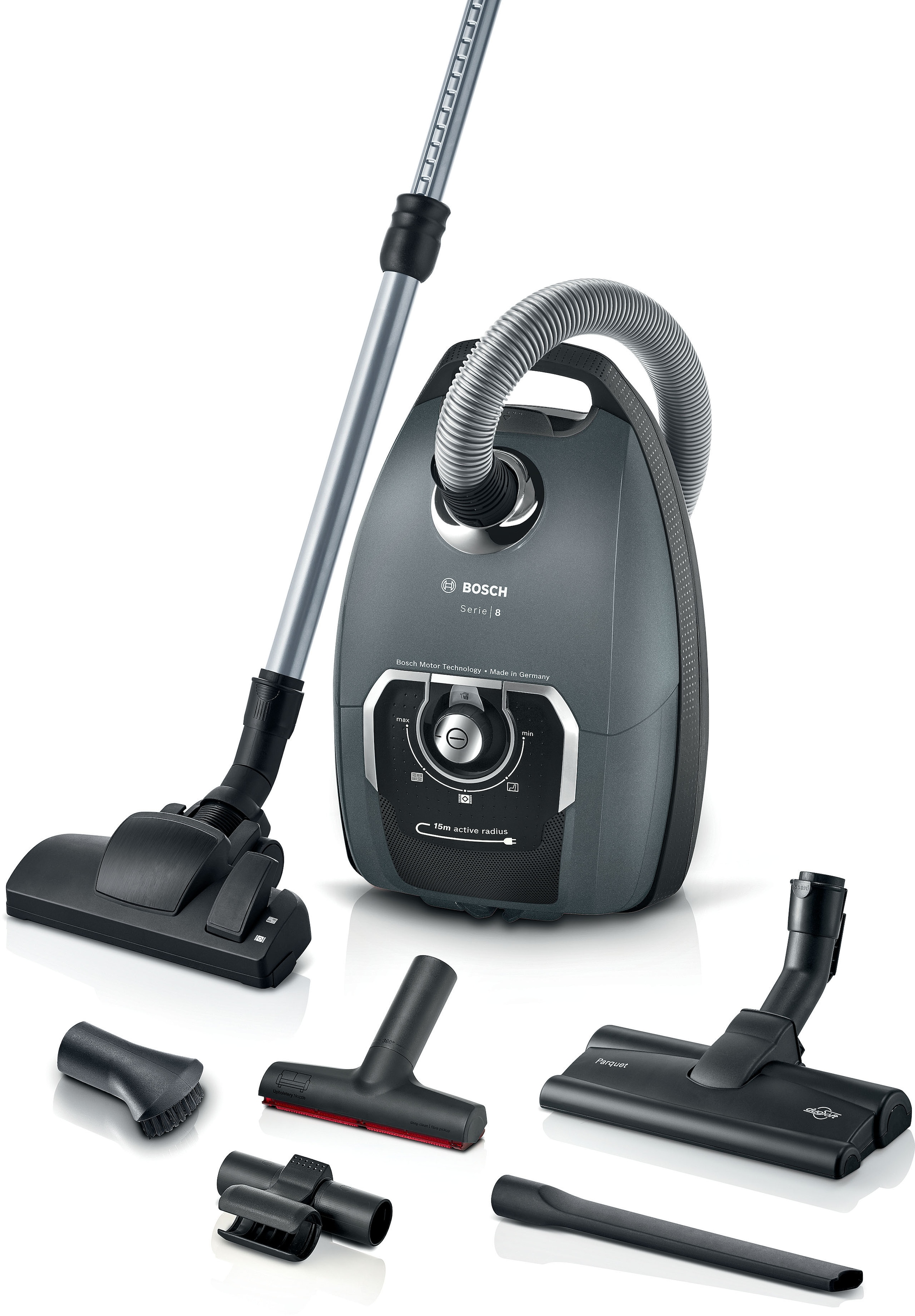 "BOSCH Bodenstaubsauger ""Serie 8 BGL75X1PRQ, für Allergiker, 10 Jahre Motorgarantie, leise"", grau (titanium), B:32cm H:27,5cm T:48cm