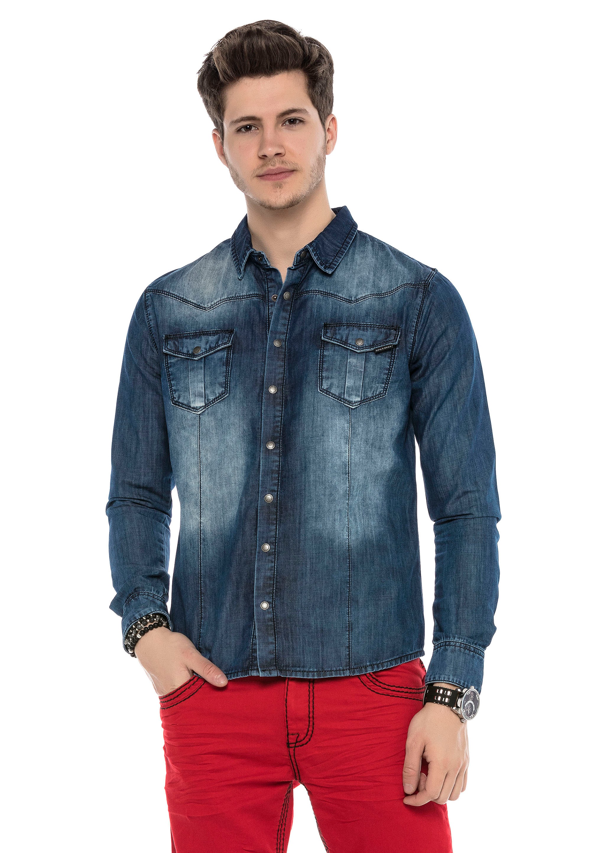 Cipo & Baxx Jeanshemd, mit praktischen Druckknöpfen