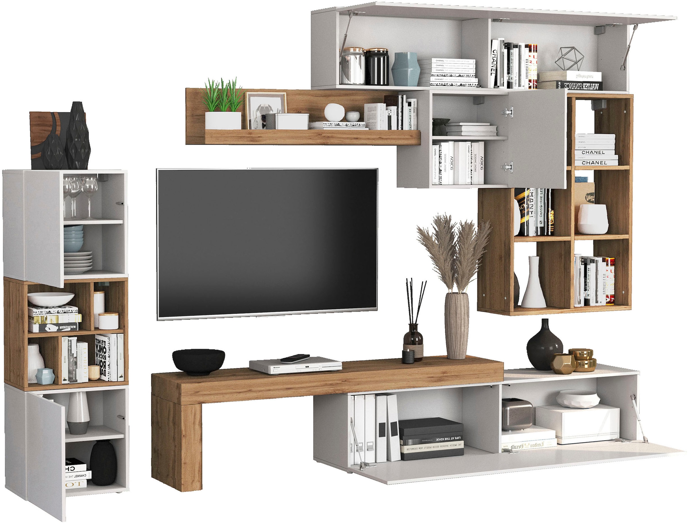 INOSIGN Wohnwand »Chronos Wohnwand, Medienwand, 8-er set«, (Set, 8 St.), ca. 320 cm mit Hängeschränke, Würfel, Regal, Lowboard, Made in Italy
