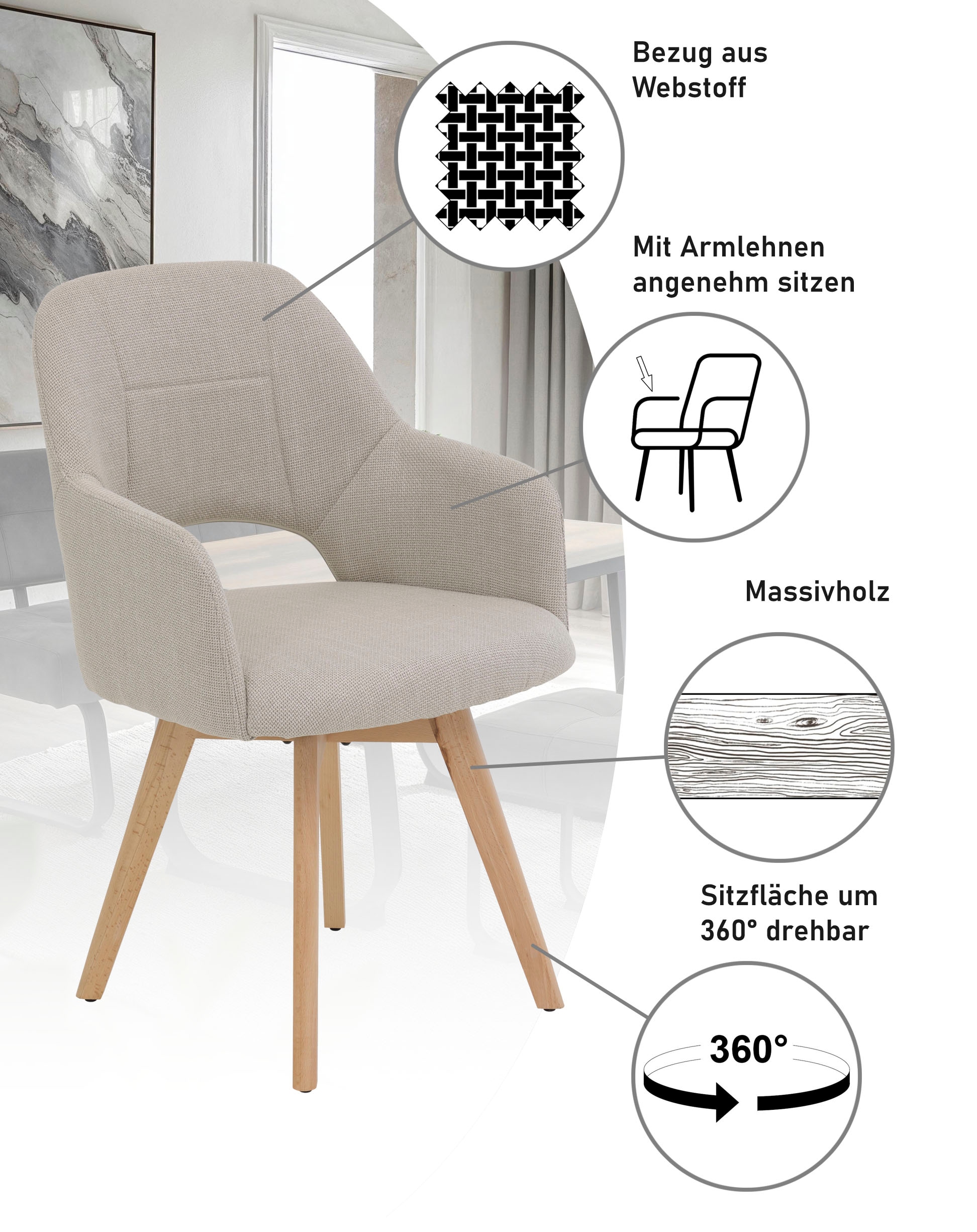 HELA 4-Fußstuhl »STADE« (Set) 2 Stk.360° drehbar,Massivholz 4-Fuß,Armlehnen,Ausschnitt im Rücken