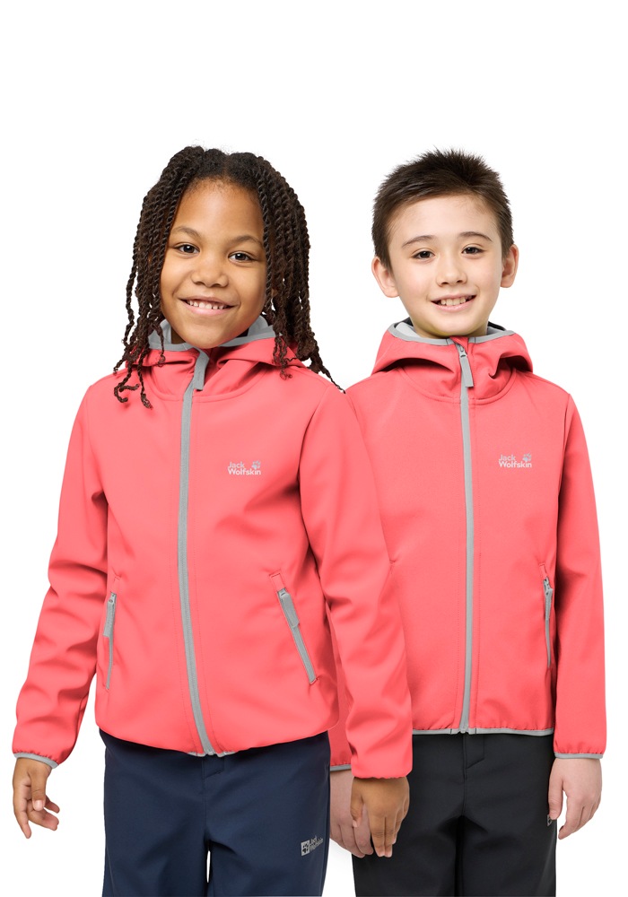 Softshelljacke JACK WOLFSKIN "FOURWINDS JACKET KIDS", Kinder, Gr. 164, sunset coral1, Softshell, Obermaterial: 100% Polyester. Futter: 100% Polyester. Futter 2: 100% Polyester. Innenseite: 100% Polyamid, hoch geschlossener Ausschnitt, eingefasste Kante, J