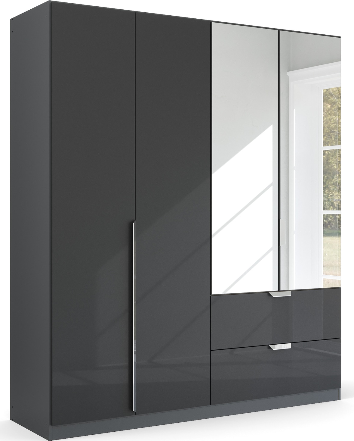 rauch Drehtürenschrank "Kleiderschrank Schrank Garderobe Ankleide GLAMOUR BY QUADRA SPIN" Breiten: 181/226/271 cm, Höhe 210 cm, mit Spiegel und Hochglanz-Front, Stangengriff MADE IN GERMANY
