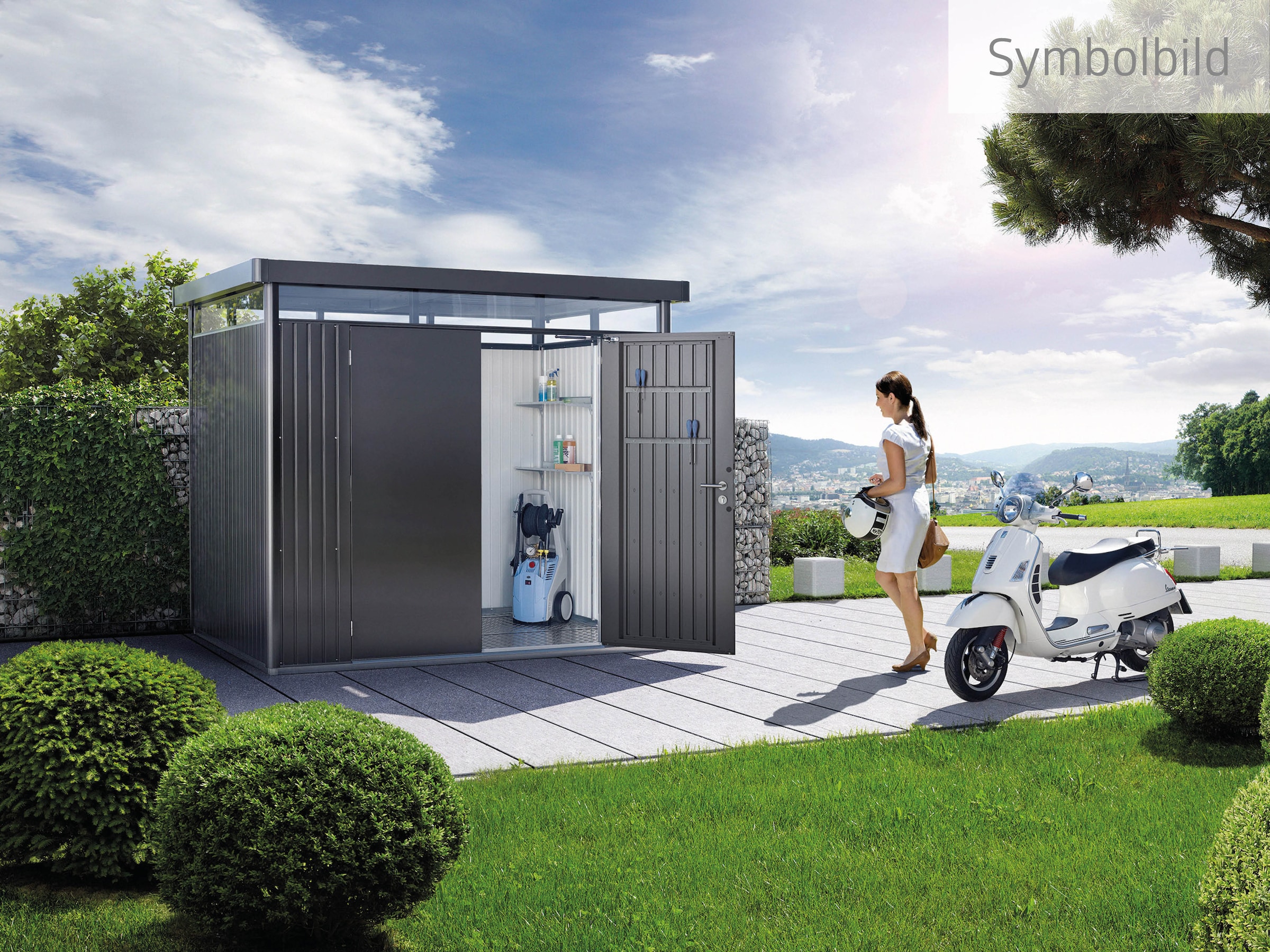 Biohort Gerätehaus »HIGHLINE Gr. H1, verschiedene Farben« stylisches Metall-Gartenhaus mit Flachdach