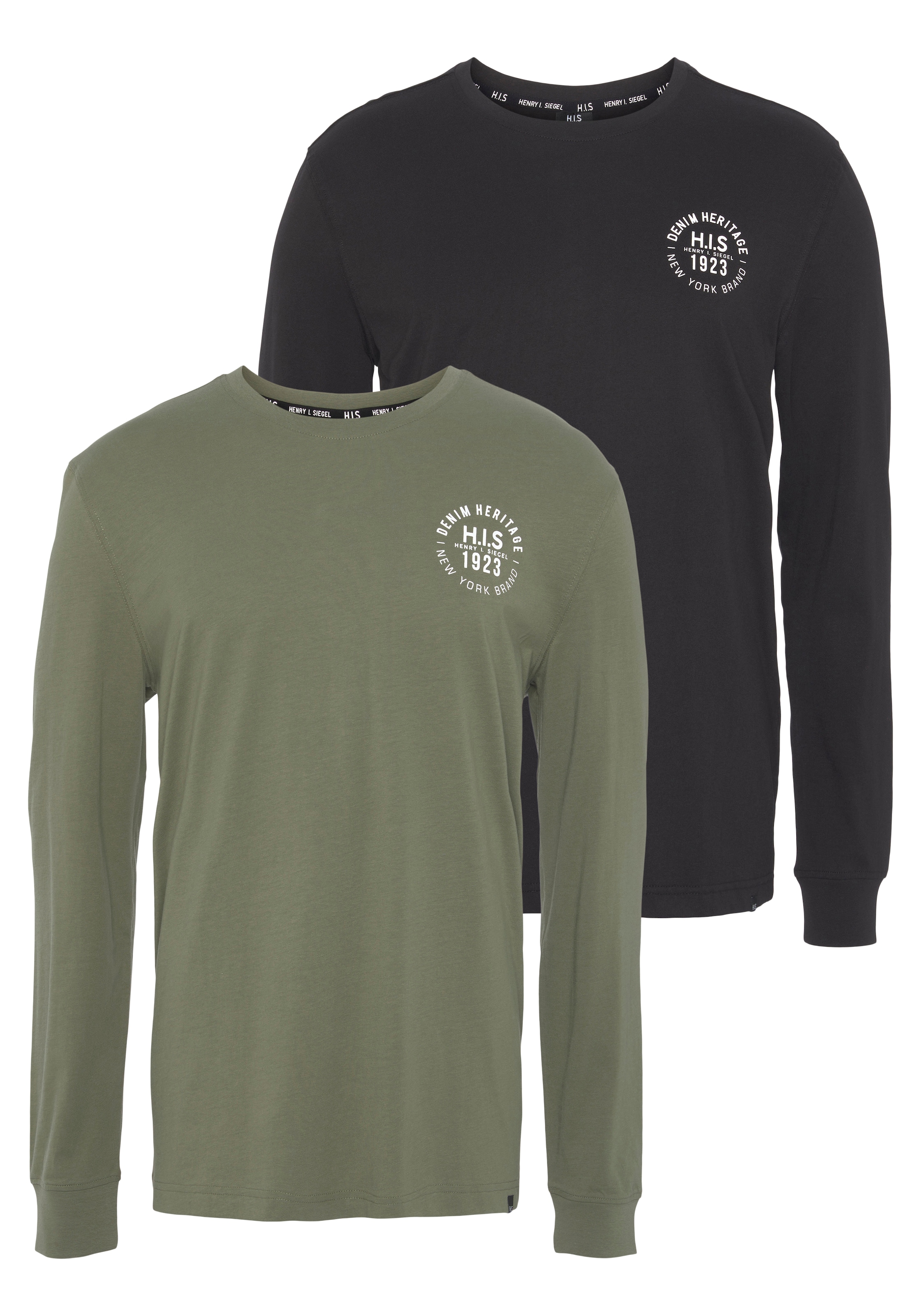 H.I.S Langarmshirt Packung, 2er-Pack, 2 Stk. tlg. Langarm, bedruckt, Rundha günstig online kaufen