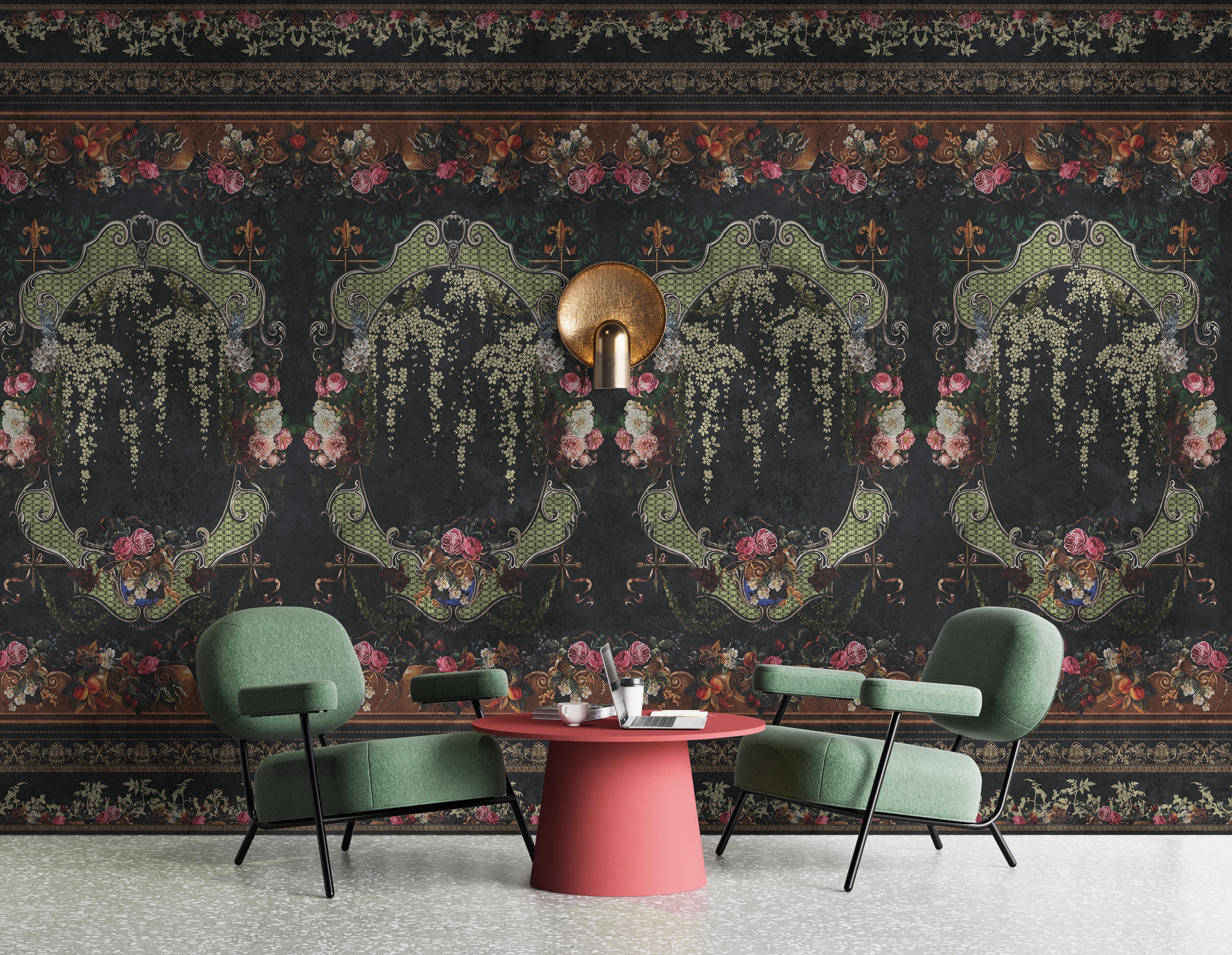 living walls Vliestapete "Vintage-Florale Tapete Schwarz Grün Vliestapete" matt glatt