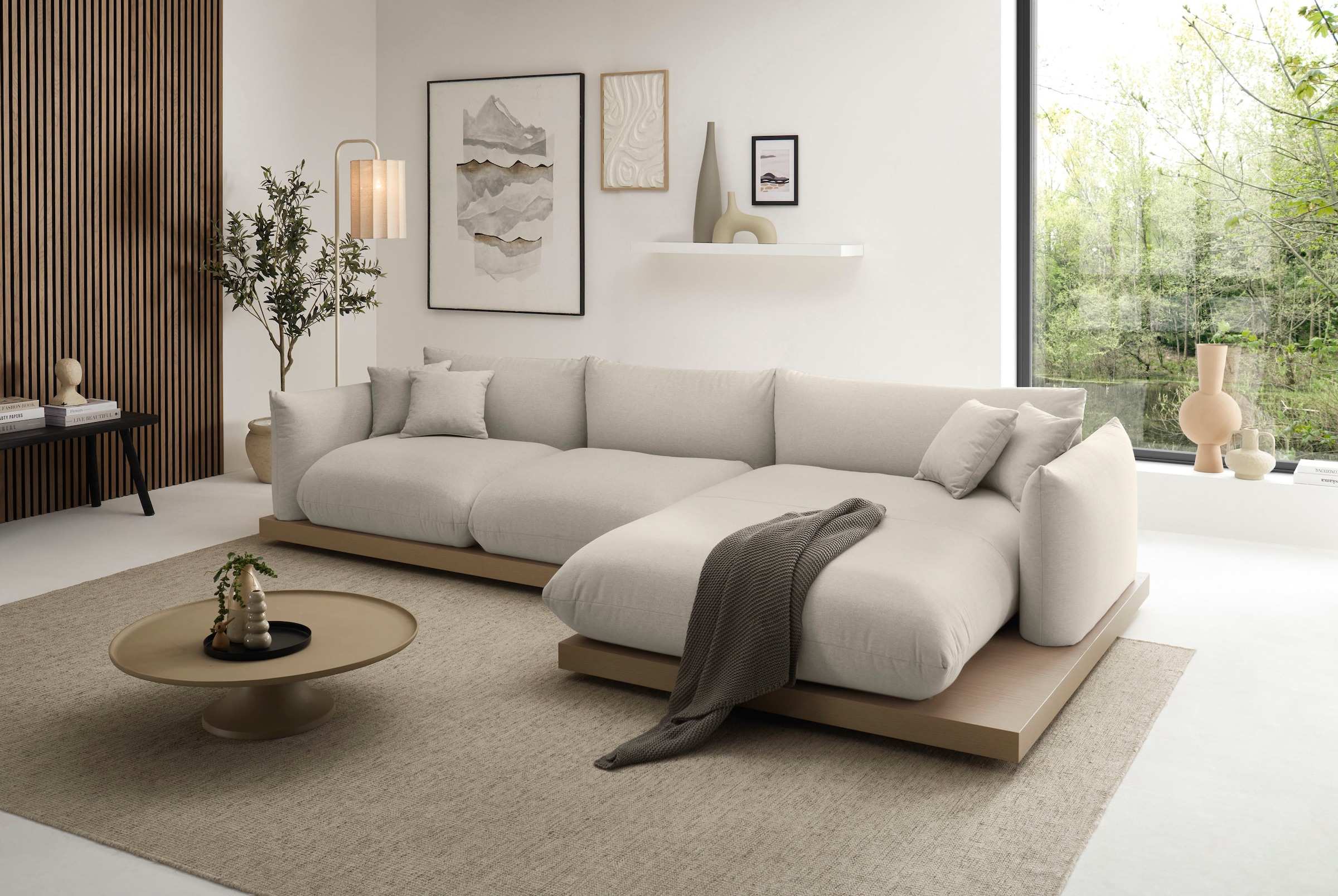 OTTO home Ecksofa »Kalix, Polsterecke mit kräftigem Holz-Plateau, moderne Couch in L-Form« wahlweise Recamiere links o. rechts, Strukturstoff, hoher Sitzkomfort