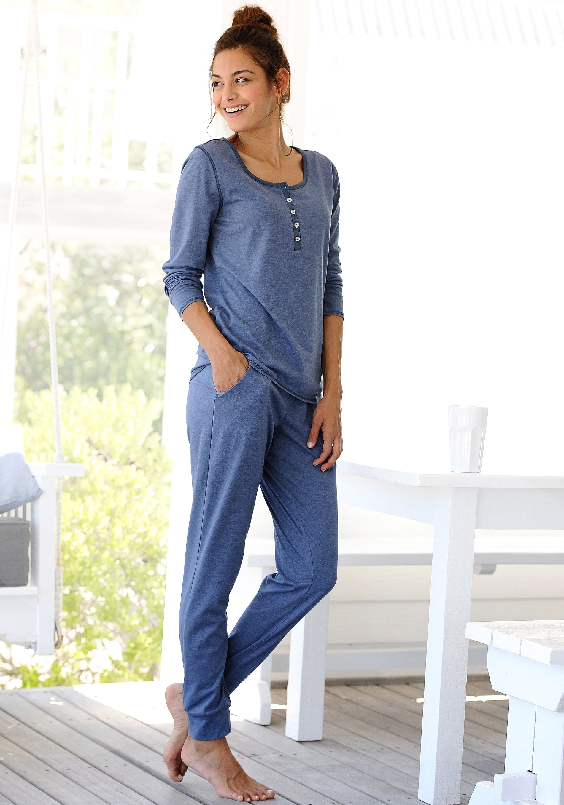 Arizona Pyjama, (2 Qualität 1 tlg., Stück), Knopfleiste bestellen mit in | BAUR melierter