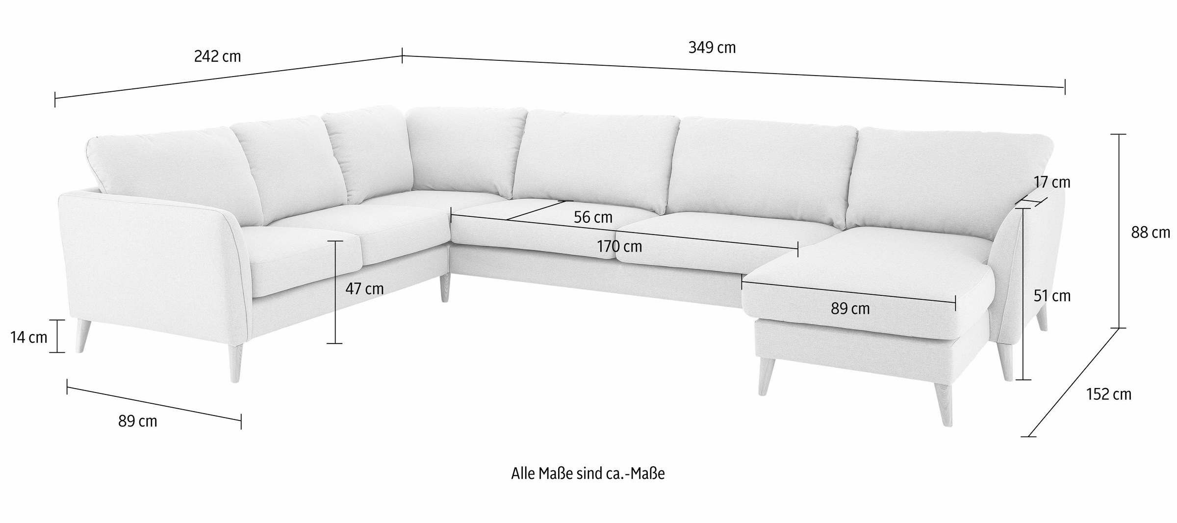 Home affaire Wohnlandschaft »MARSEILLE XXL 349cm, U-Form, Ottomane rechts/links wählbar«, Massivholzbeine aus Eiche, In verschieden Bezügen und Farbvarianten