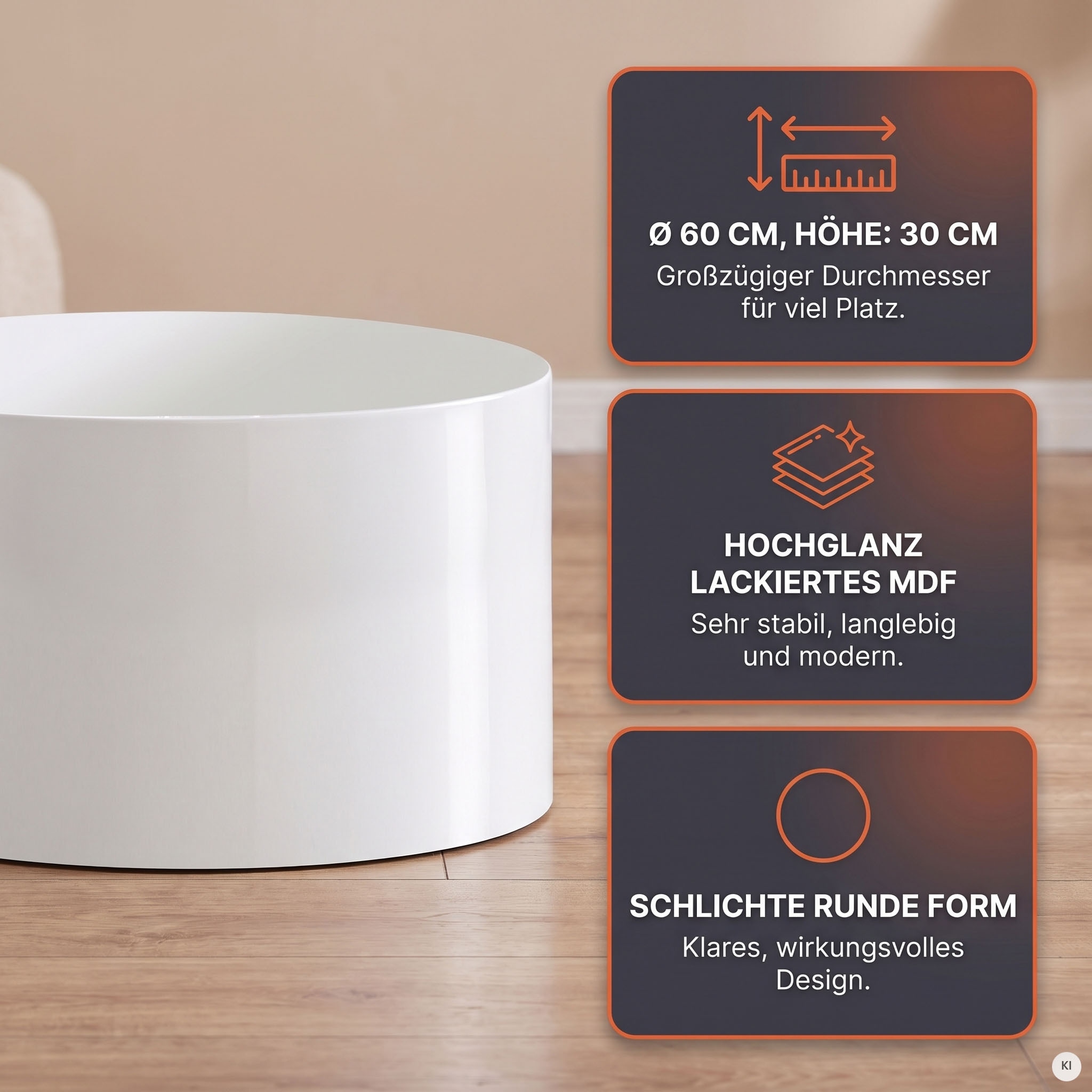 SalesFever Couchtisch »Design-Couchtisch Hochglanz weiß, Ø 60 cm« Moderner Wohnzimmertisch aus Holz Hochglanz lackiert