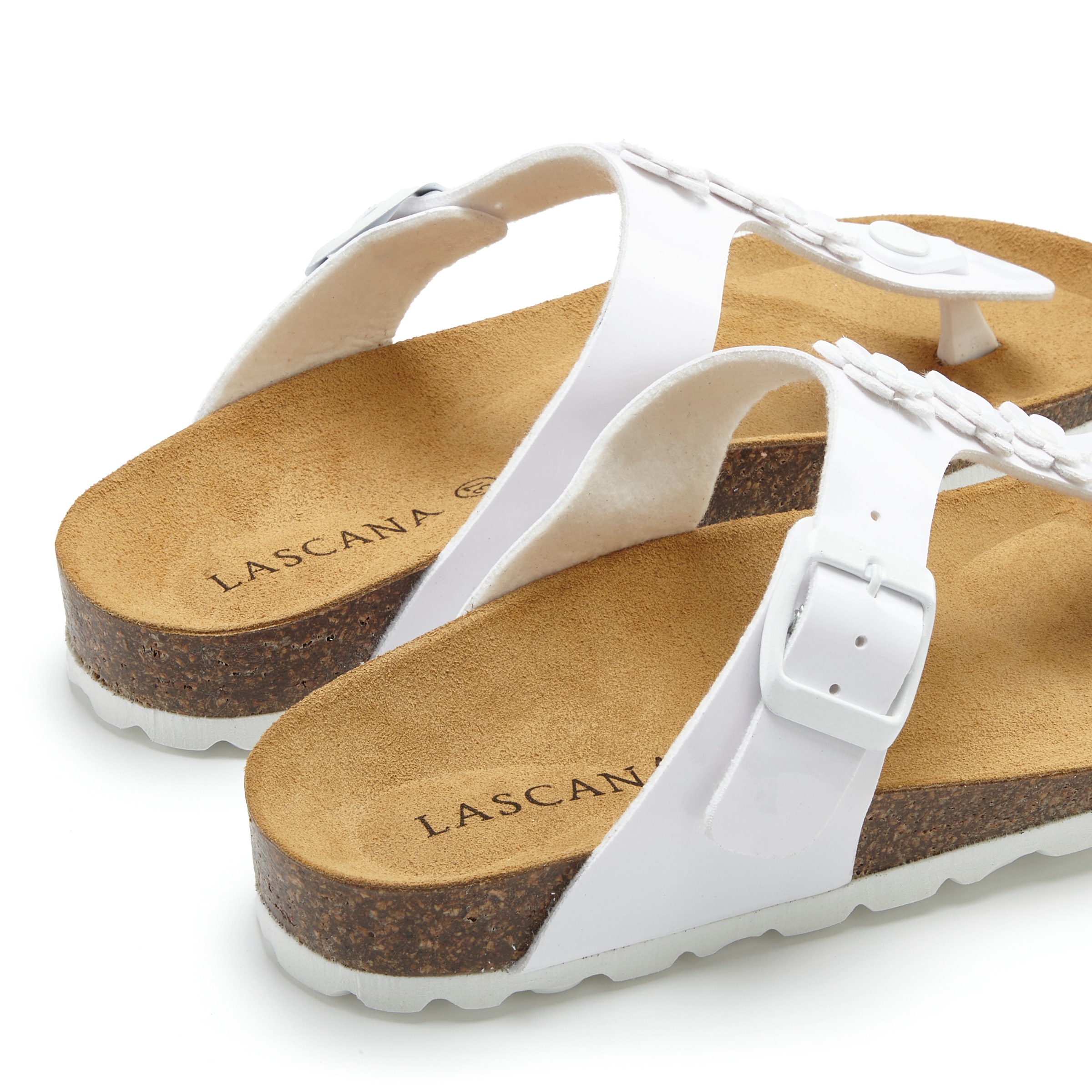 LASCANA Zehentrenner »Sandale, Pantolette, offener Schuh, Sommerschuh,«  mit modischer Applikation und Komfortkorkfußbett aus Leder