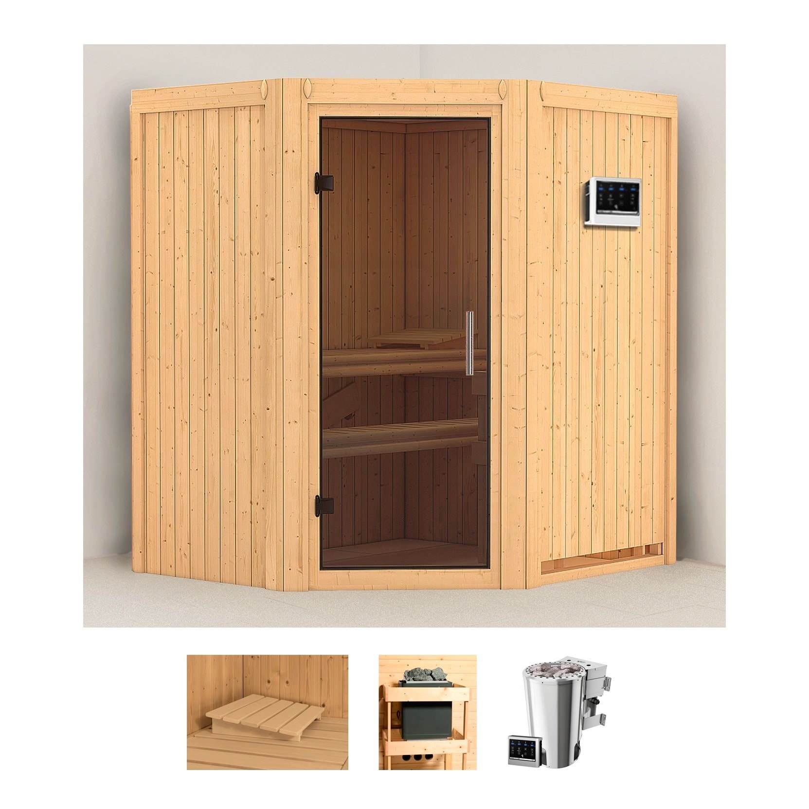 Karibu Sauna "Tomke" Set, Ofen 3,6 kW Bio-Ofen externe Strg. easy
