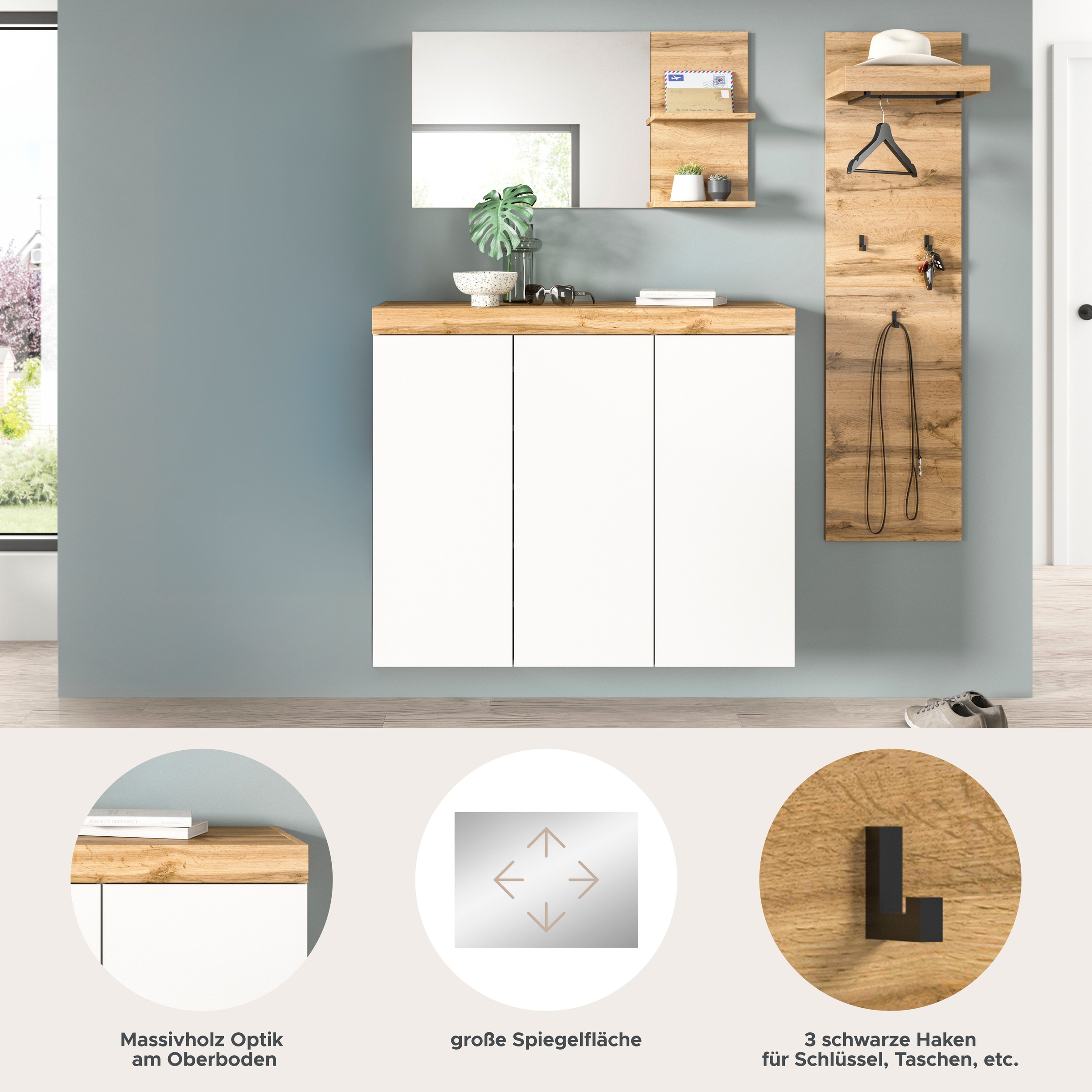 OTTO home Garderoben-Set »MAMBO, TOPSELLER!, 3-teilige Kombination, stehend & hängend montierbar« bestehend aus: Kommode, Spiegel, Garderobenpaneel, 3 Stk. tlg.