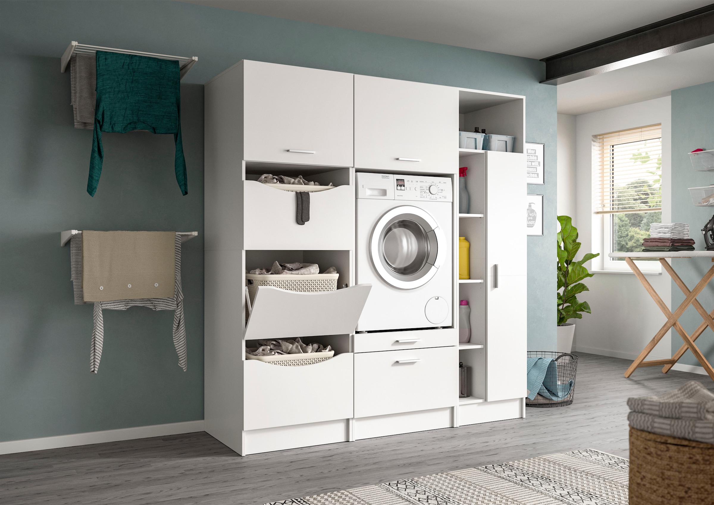 welltime Badmöbel-Set »FALAS, TOPSELLER!, 3-teilig, Hauswirtschaftsraum Set, Breite 176 cm«, (Set, 3 St., 1x Wäscheschrank, 1x Waschmaschinenumbauschrank, 1x Mehrzweckschrank), Kombination, Waschmaschinenumbau, Waschmaschinenschrank, Wäschekammer