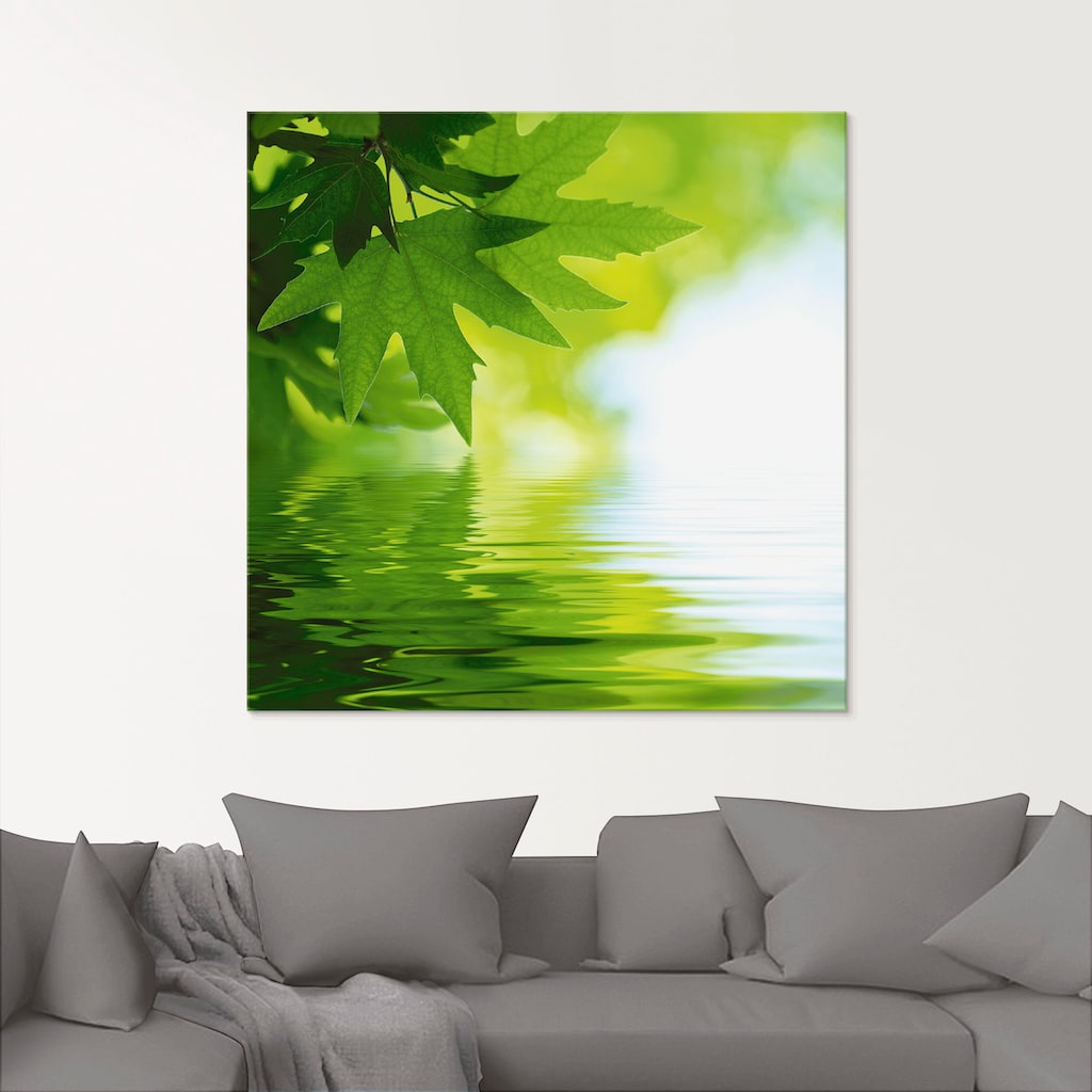 Artland Glasbild »Grüne Blätter reflektieren im Wasser«, Blätter, (1 St.)
