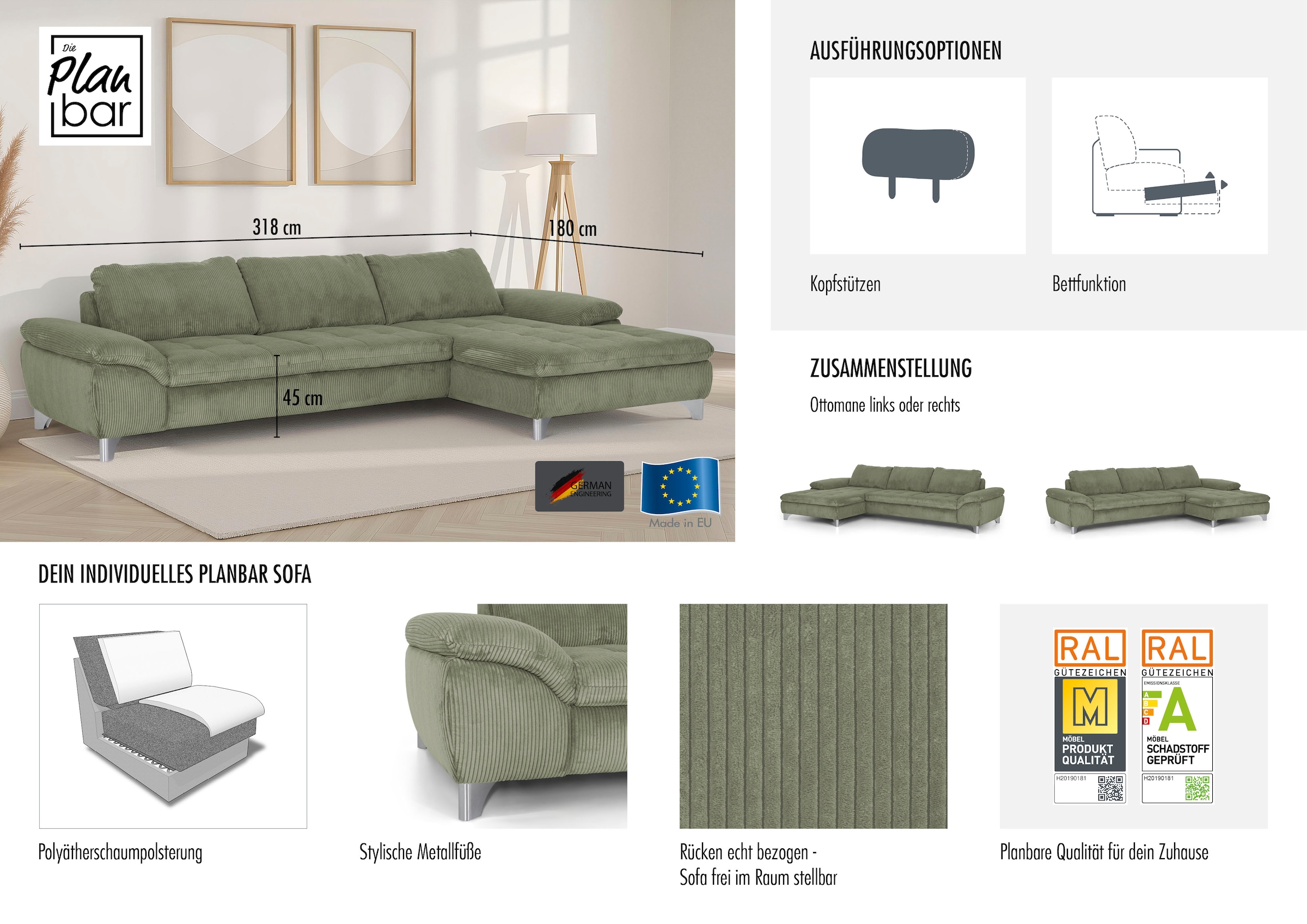 Die PlanBar Ecksofa »MP-IN14007, Breite 318 cm« wahlweise mit Bettfunktion und verstellbaren Kopfstützen