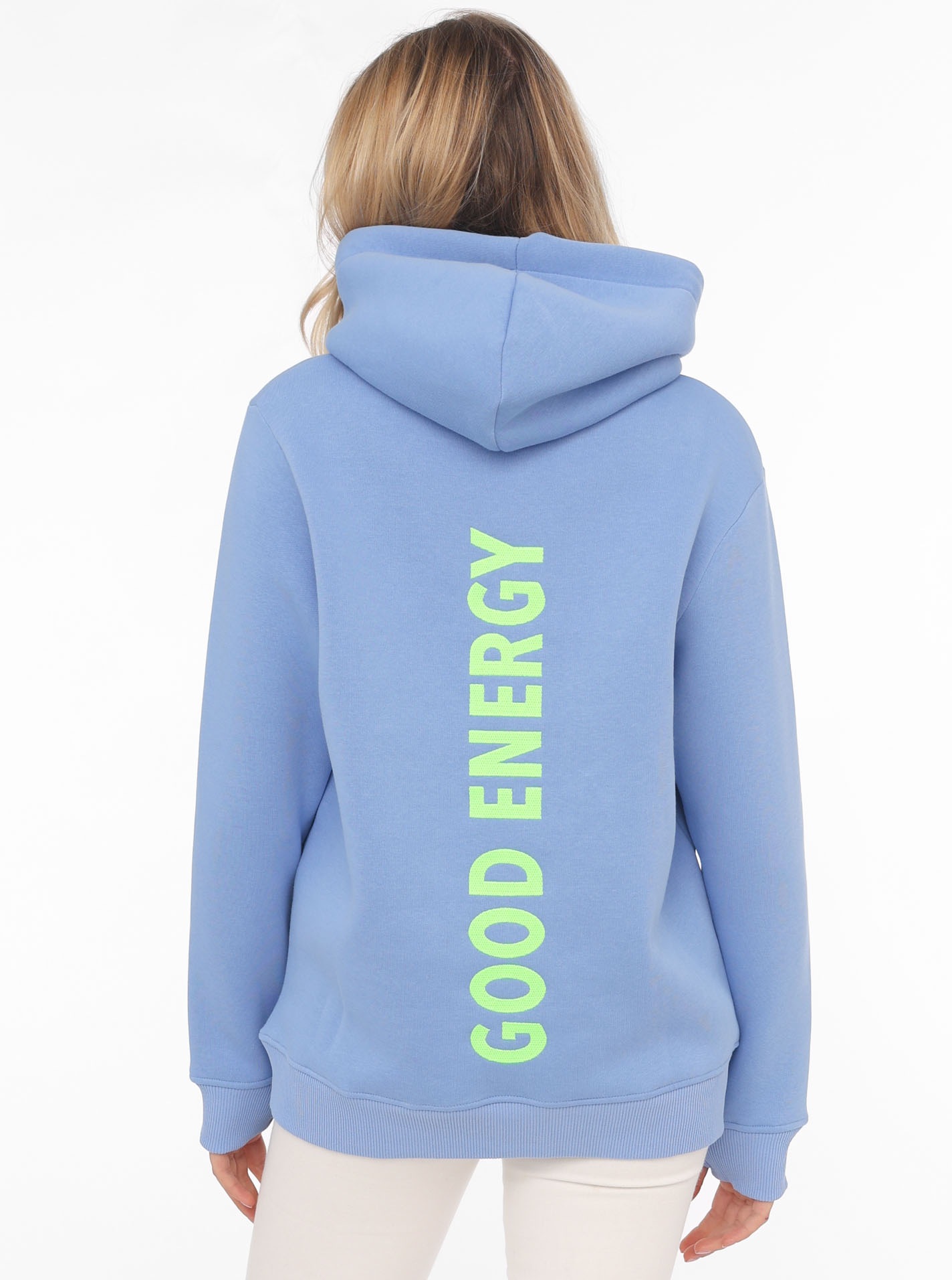 Thumbnail - Zwillingsherz Hoodie ""Good Vibes"", gestickter Schriftzug, Kapuze, Langarm, Kängurutasche, Kordelzug